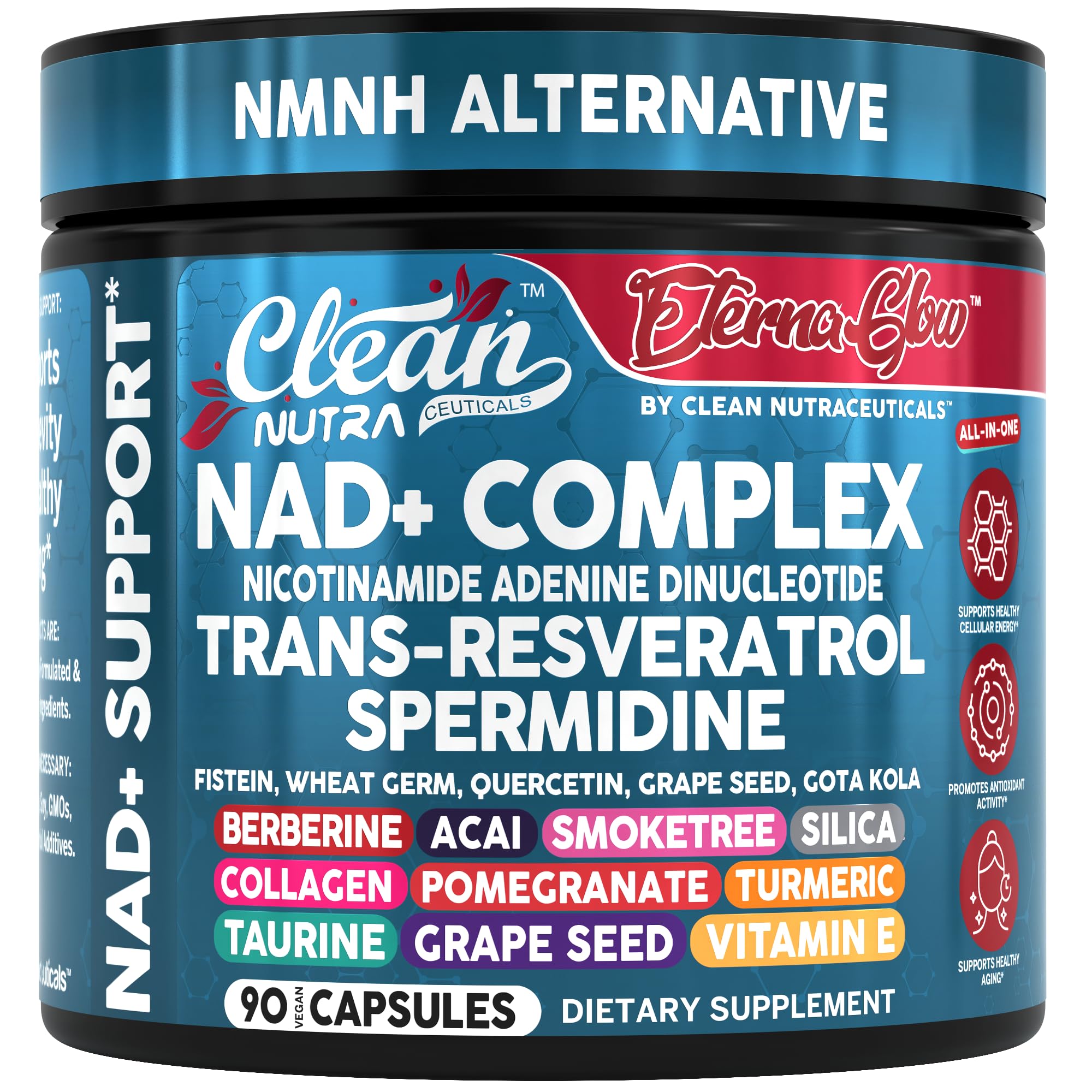 Clean NAD Supplement Resveratrol Liposomal NAD+ Spermidine Fisetin Wheat Germ Quercetin Grape Seed Extract Gotu Kola Berberine Astaxanthin Peptides for Women Energy 90 Capsules Clean Nutraceuticals Au supplements