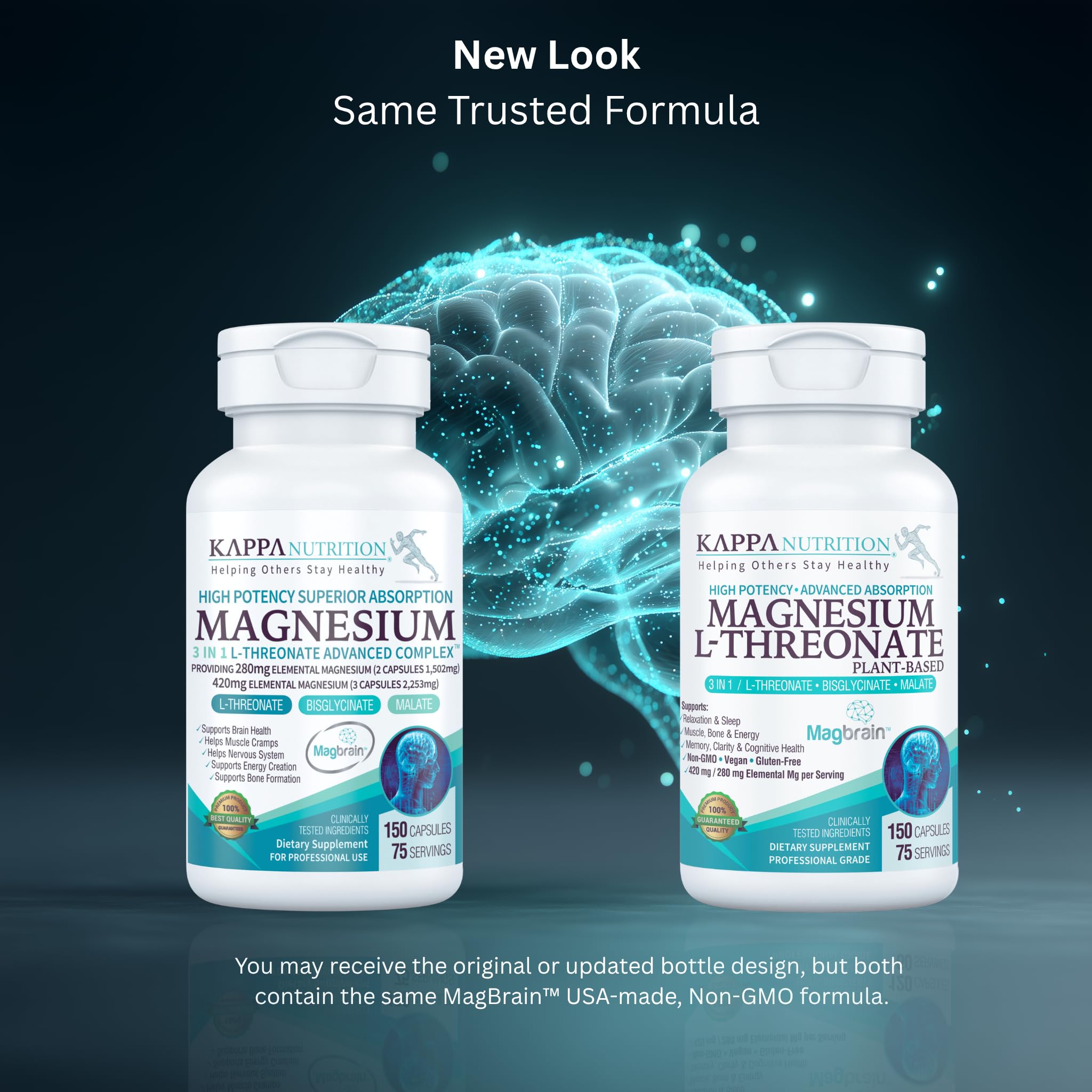 Kappa Nutrition Powered by Magbrain™ Magnesium L-Threonate Plant-Based, 150 Vegan Capsules, 420mg Elemental Magnesium (3 Capsules) from 2,253mg, Brain, Sleep & Muscle Support. KAPPA NUTRITION Au supplements