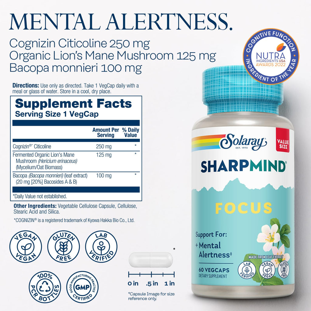 SOLARAY SharpMind Focus, Mental Alertness Nootropic Supplement for Healthy Brain Fog, Cognizin Citicoline, Lions Mane Mushroom, Bacopa Monnieri, 60 Day Money Guarantee, 60 Serv 60 Veg Caps SOLARAY Au supplements