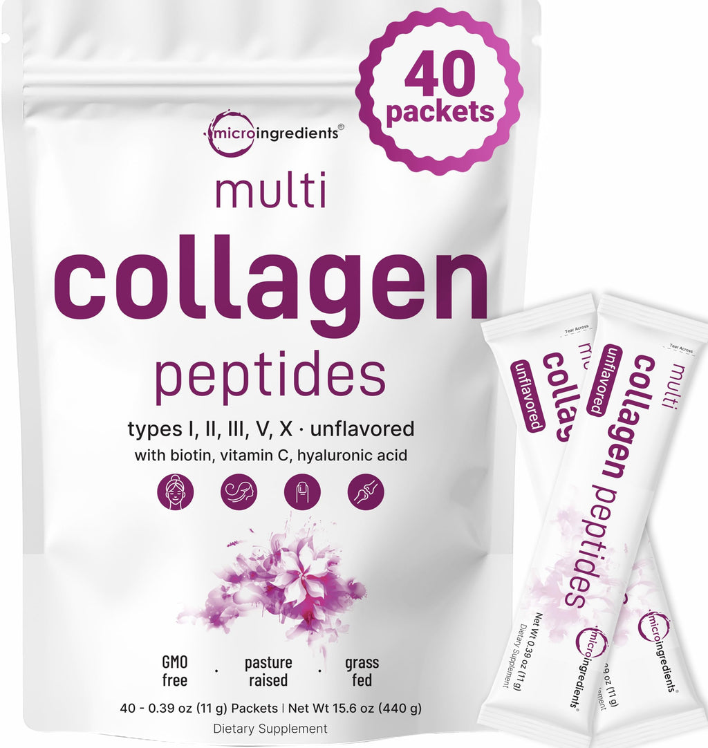 Micro Ingredients Multi Collagen Peptides Powder, 40 Stick Packs | Type I, II, III, V, X + Biotin, Vitamin C & Hyaluronic Acid | Unflavored