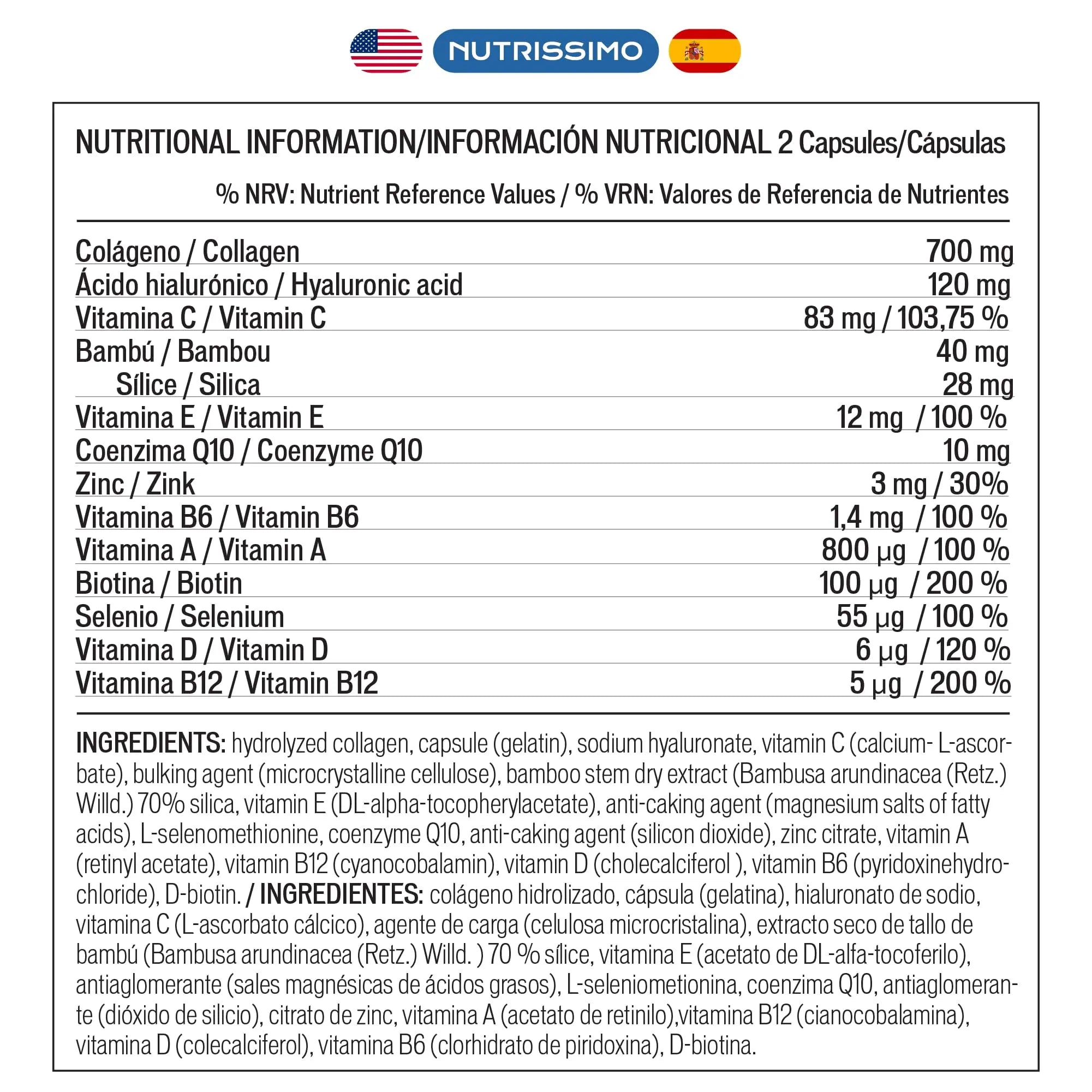 NUTRISSIMO Collagen + Hyaluronic Acid + Biotin + CoQ10 + Vitamins A, C (non-acidic), D and B12 + Zinc NUTRISSIMO Au supplements