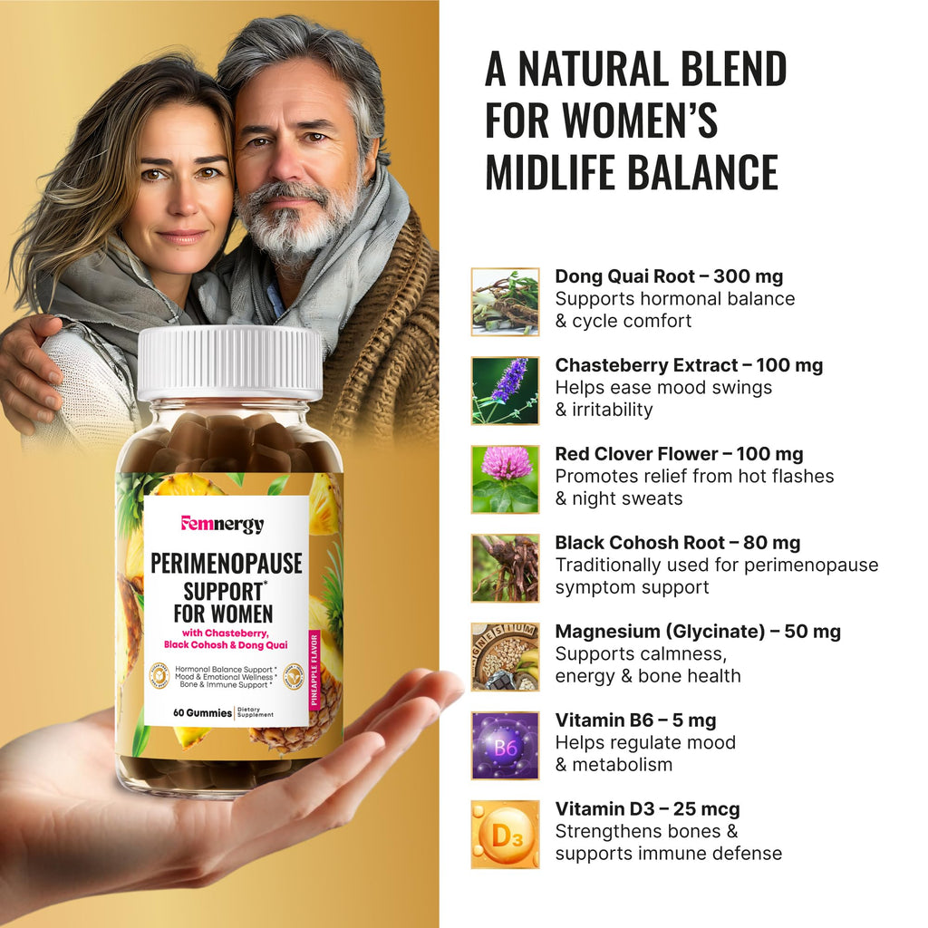 Femnergy Perimenopause Support Gummies for Women - Menopause Relief Estrogen & Hormone Balance Supplement with Black Cohosh Chasteberry Vitamins D3 B6 for Hot Flashes Night Sweats & Mood Swings Femnergy Au supplements