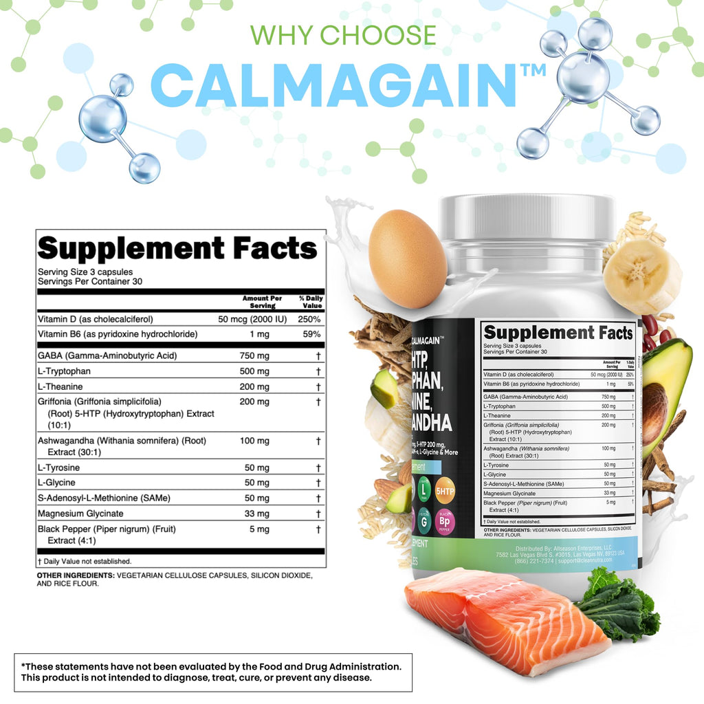 Clean Nutraceuticals GABA 750mg 5 HTP 200mg L Tryptophan 500mg L Theanine 200mg Ashwagandha SAM-e L-Glycine - Mood Support Vitamins for Women and Men with L-Tyrosine 5-HTP