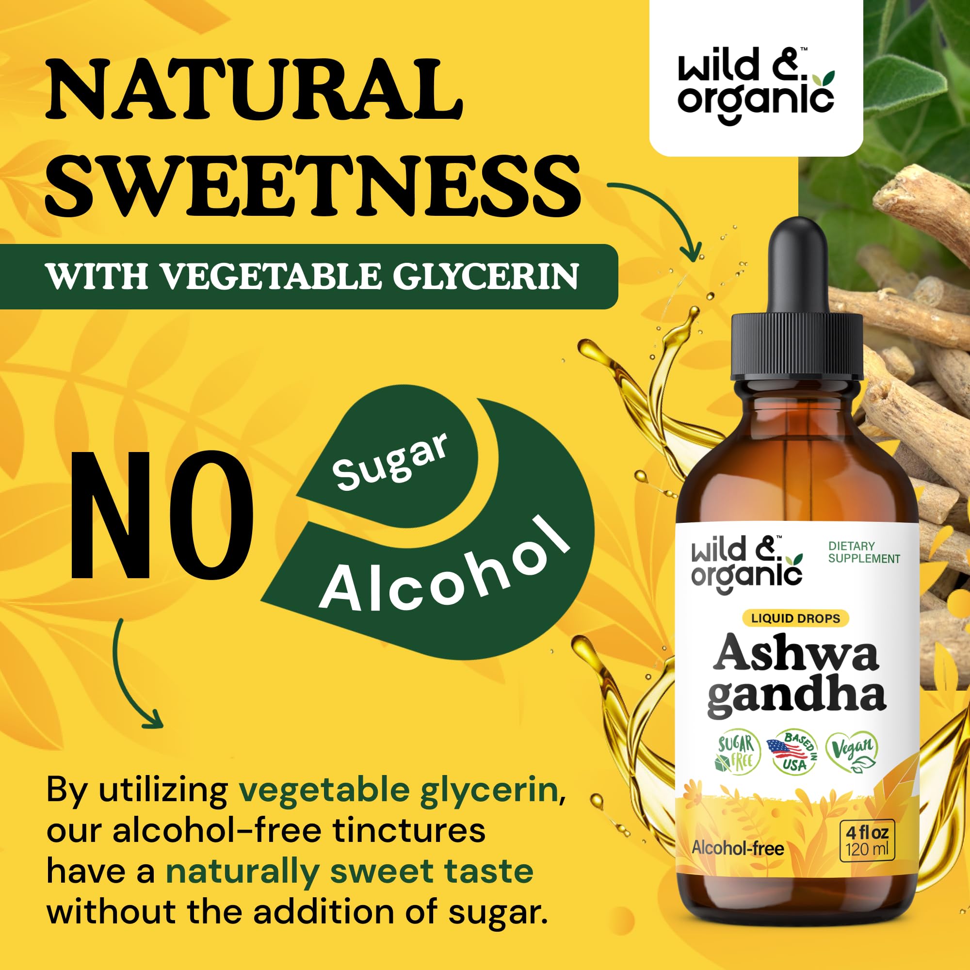Wild & Organic Ashwagandha Drops - Mood Support & Positive Energy - 500 mg Ashwagandha for Women & Men - Add to Tea Liquid Extract for Relaxation - Non-GMO, Sugar & Alcohol-Free Tincture - 4 fl oz Wild & Organic Au supplements