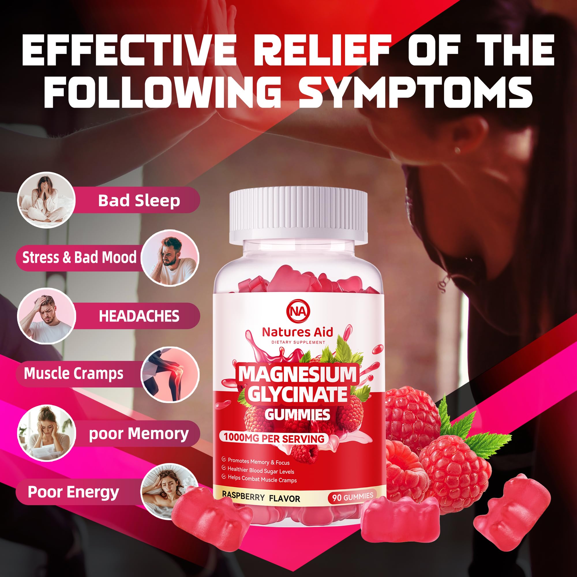 Natures Aid Magnesium Glycinate Gummies 1000mg - Sugar Free Magnesium Potassium Supplement with Vitamin D, B6, CoQ10 for Calm Mood