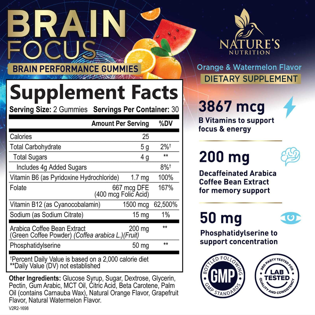 Brain Supplements for Memory and Focus with Phosphatidylserine, Nootropic Memory Supplement Gummy for Brain Health, Concentration, Mental & Cognitive Support, Focus Vitamins with B6 & B12-60 Gummies Nature's Nutrition Au supplements