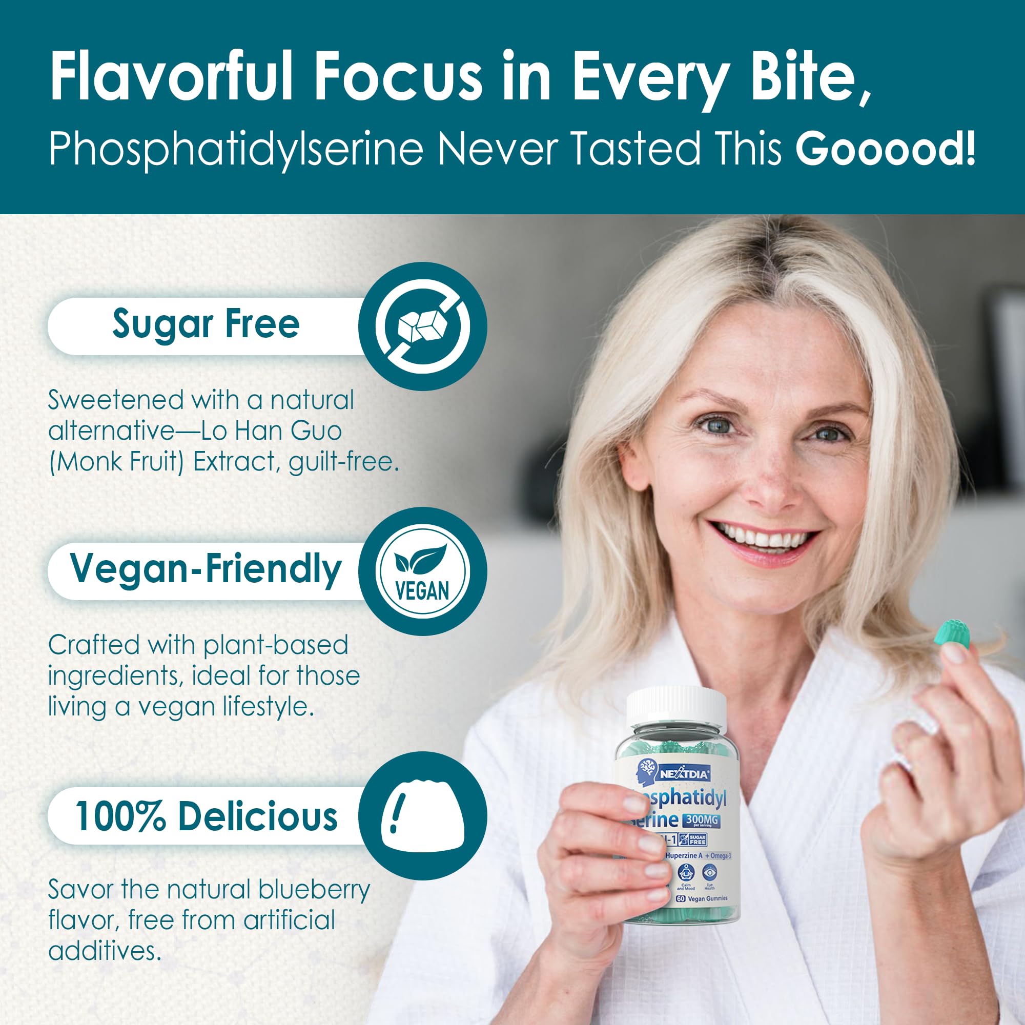 Phosphatidylserine - Nootropic Brian Supplement, Focus & Energy Gummies+ Bacopa Monnieri, Omega 3, Huperzine A, Methyl B12 & B6 for Seniors, Gamers, Workers, Non-GMO, Caffeine-Free, Sugar Free, 2 Pack Nextdia Au supplements