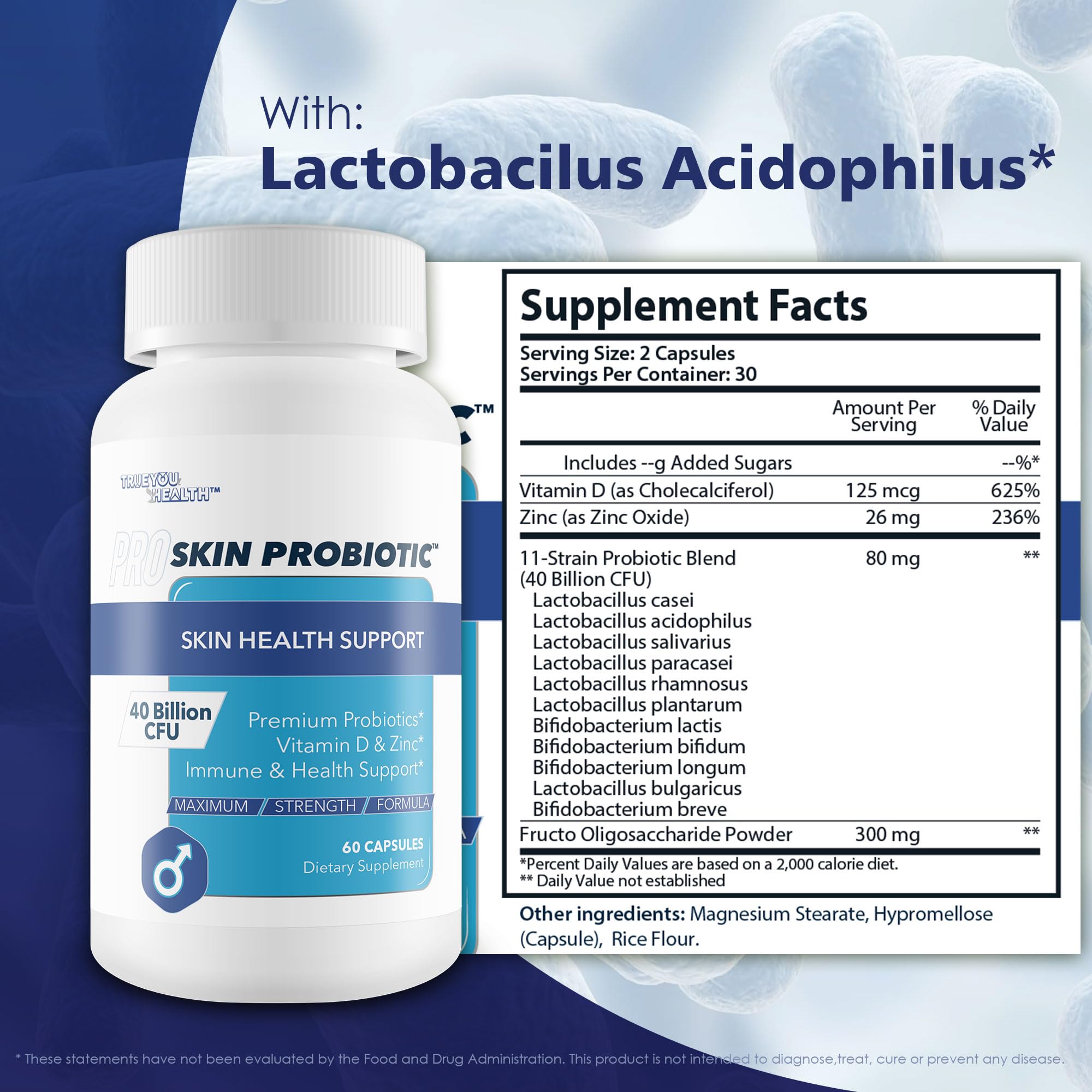 Pro Skin Probiotic - Skin Health Supporting Probiotic with Immune Support - Promote Healthy Skin Microbiome from Inside Out - Health Starts in the Gut - Support Reduced Breakouts, Redness, & Puffiness