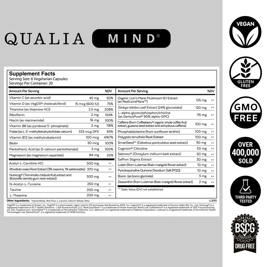 Qualia Mind — Beat Brain Fog | Doctor-Formulated Premium Brain Nourishment | Fuel Focus, Drive & Energy | 32 Ingredients Including Lion’s Mane, Cognizin™️, Ginkgo & More| 2 Week Supply* QUALIA LIFE SCIENCES Au supplements