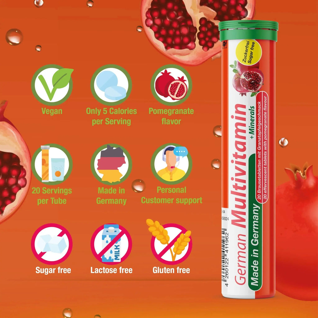 T&D German Multvitamin + Minerals 10 Vitamins 2 Minerals - 100 Vegan Drink Effervescent Tablets - Pomegranate Flavor T&D Au supplements