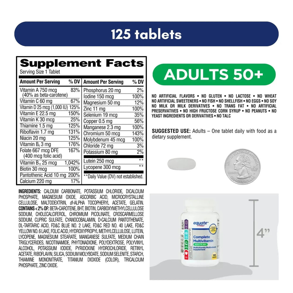 Equate Adult 50+ One Daily Complete Multivitamin Multimineral Supplement Tablets, Healthy Brain Aus Healthcare Au supplements