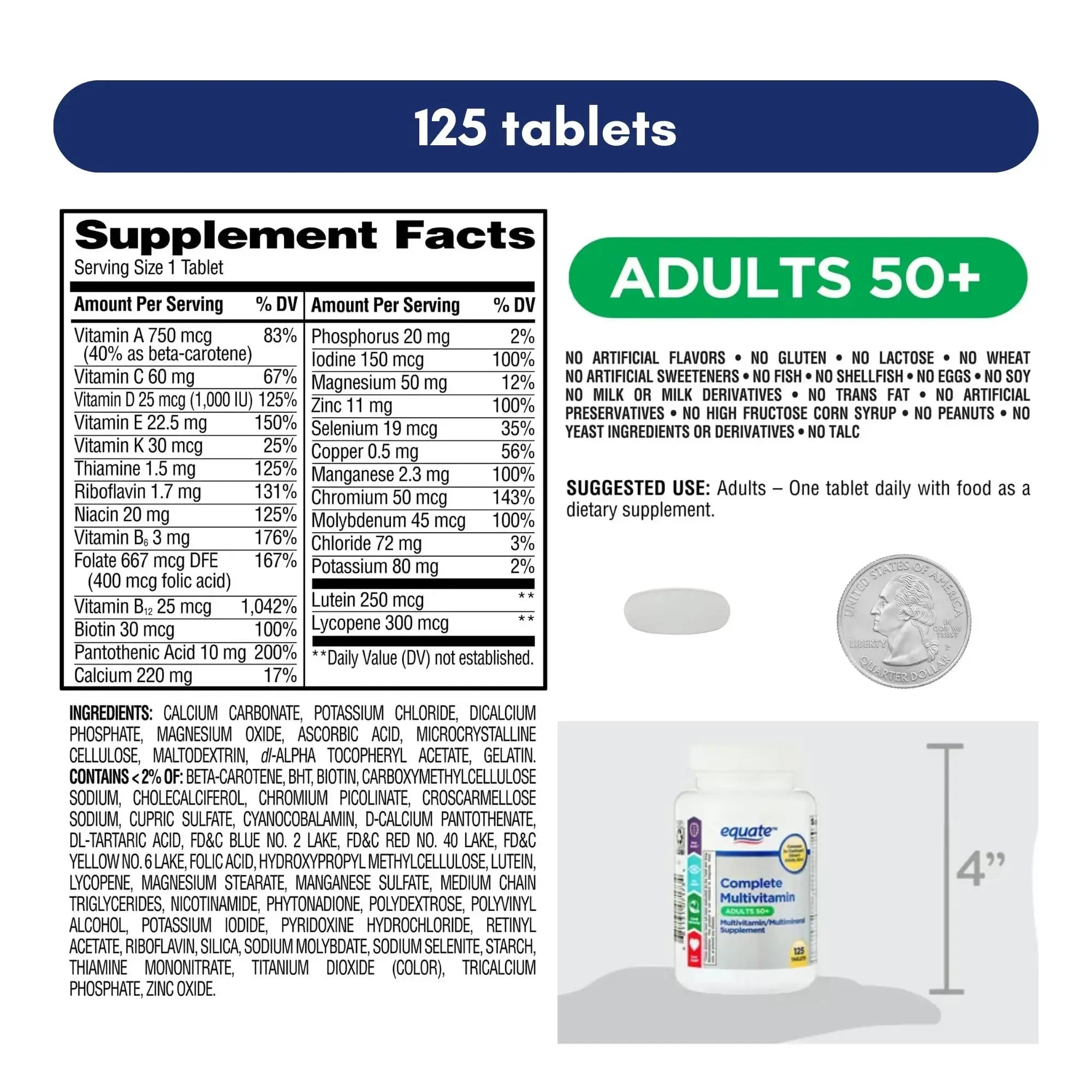 Equate Adult 50+ One Daily Complete Multivitamin Multimineral Supplement Tablets, Healthy Brain Aus Healthcare Au supplements