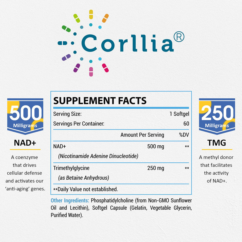 Liposomal NAD+ 500mg with TMG 250mg Softgels, Nicotinamide Riboside Alternative, Actual NAD+ Supplement, 120 Servings Corllia Au supplements