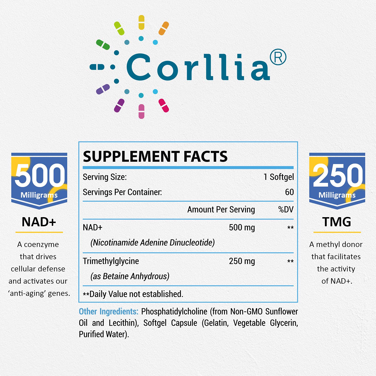 Liposomal NAD+ 500mg with TMG 250mg Softgels, Nicotinamide Riboside Alternative, Actual NAD+ Supplement, 120 Servings Corllia Au supplements
