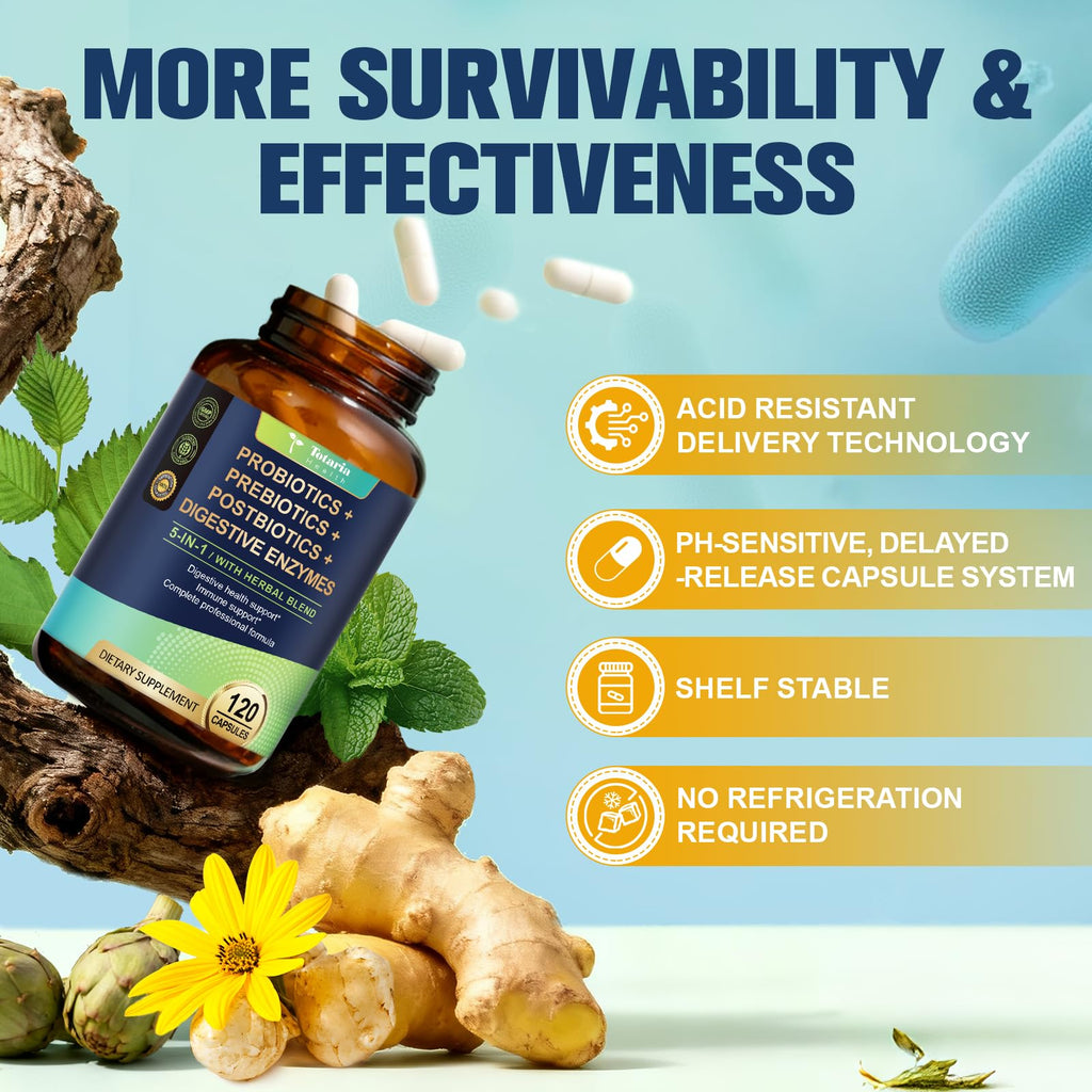 Totaria 5-in-1 Probiotic Prebiotic & Postbiotic for Women Men, 60 Billion CFU 24 Strains w/Digestive Enzymes, Prebiotic Fiber, Slippery Elm