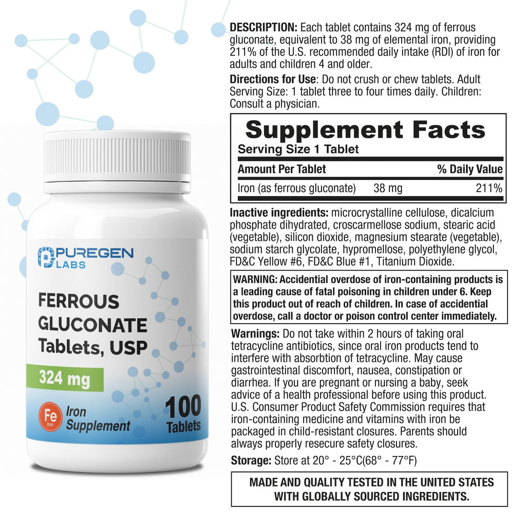 Puregen Labs Ferrous Gluconate 324 mg [High Potency] Iron Supplement, Gentle on Stomach - 100 Tablets