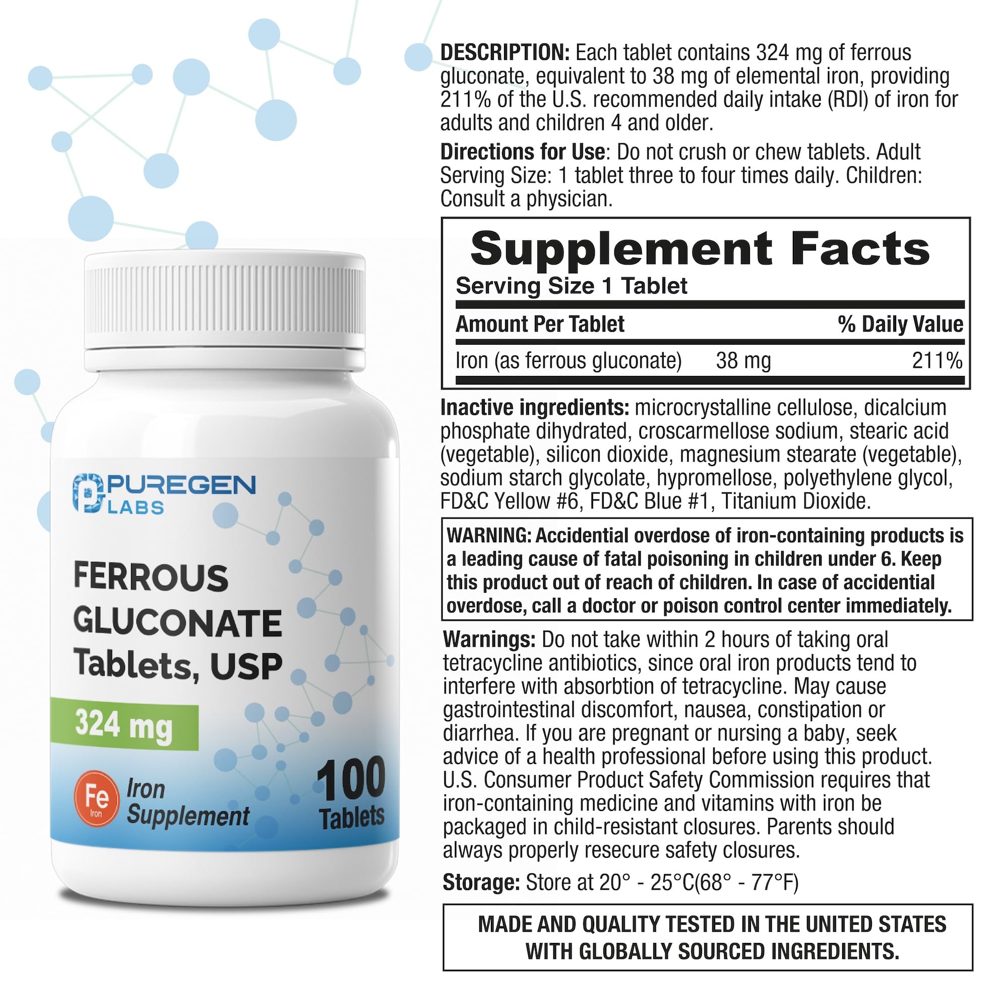 Puregen Labs Ferrous Gluconate 324 mg [High Potency] Iron Supplement, Gentle on Stomach - 100 Tablets