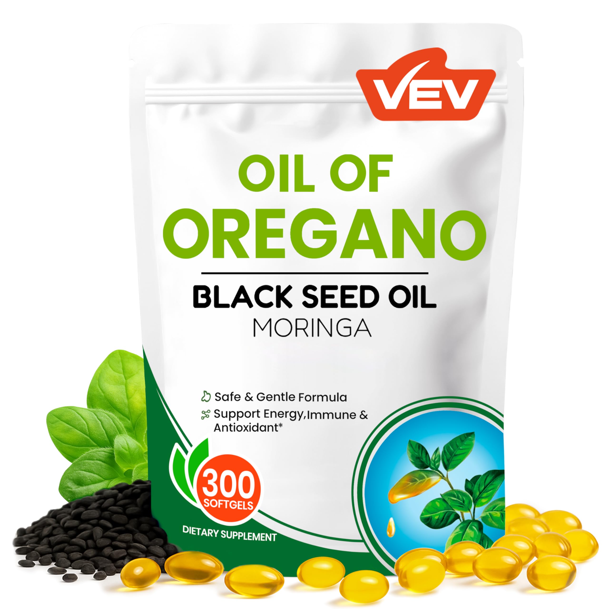 VEV Oil of Oregano with Black Seed Oil & Moringa, Organic, 300 Softgels, Aceite de Orégano, Carvacrol-Rich, Opaque Airtight Packaging