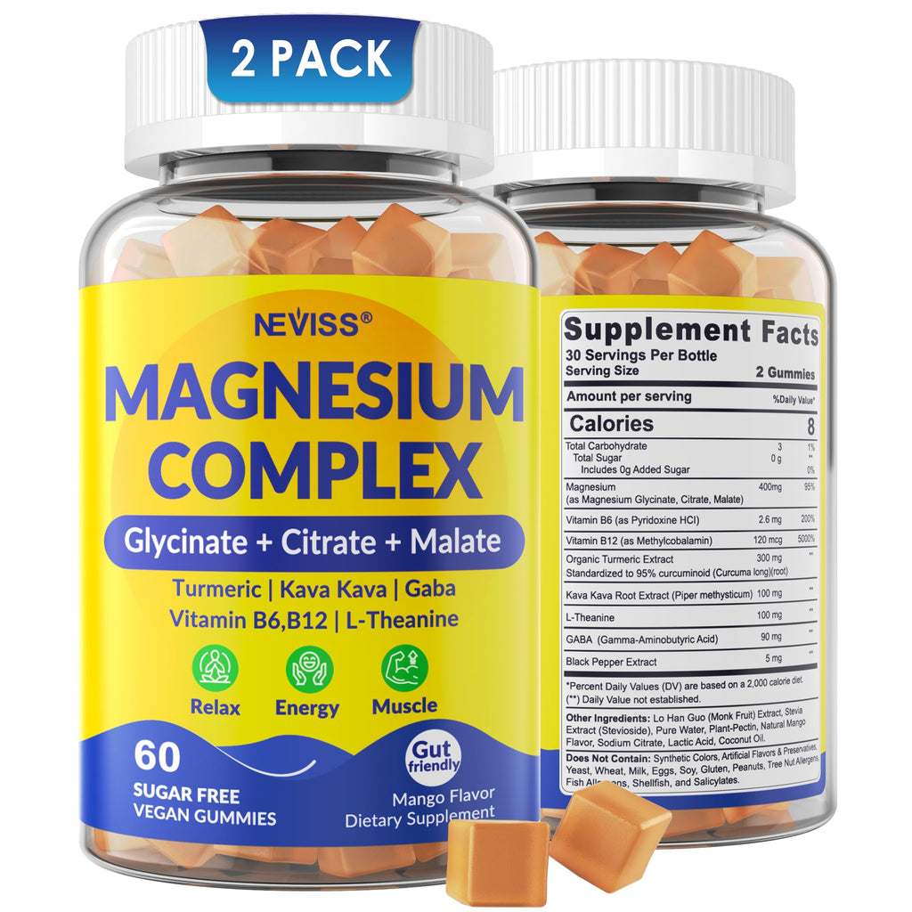 Magnesium Complex Gummies 400mg, Magneisum Glycinate Citrate Malate + Turmeric, GABA, B6 B12, Kava Kava, L-Theanine for Sleep, Calm, Relaxation, Energy