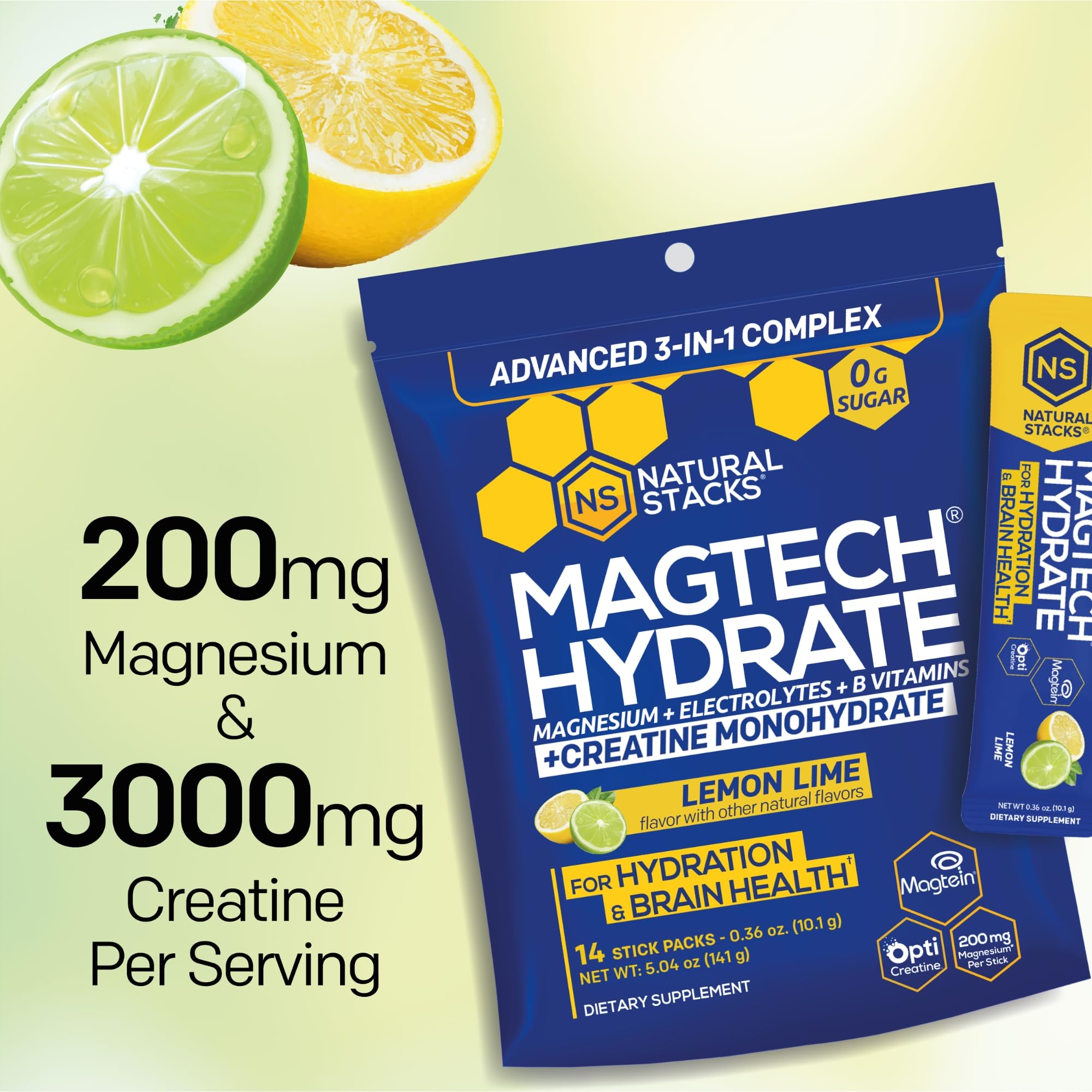 NATURAL STACKS Magtech Magnesium Hydrate + Creatine - Sugar Free Electrolyte Drink - Magtein Magnesium L-Threonate, Glycinate & Taurate - Supports Hydration & Cellular Energy - 14 Hydration Packets NATURAL STACKS Au supplements
