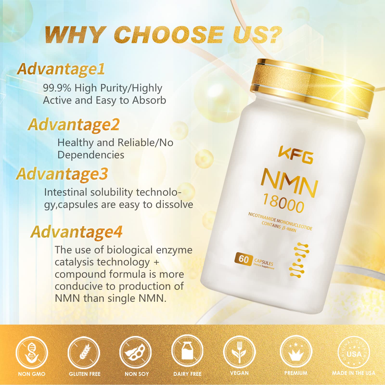 KFG NMN 18000 - NMN Nicotinamide Mononucleotide Supplement with Resveratrol, Stabilized Form & 99% High Purity to Boost NAD+ Levels for DNA Repair Supplement,for Healthy Aging,60 Capsules KFG Au supplements