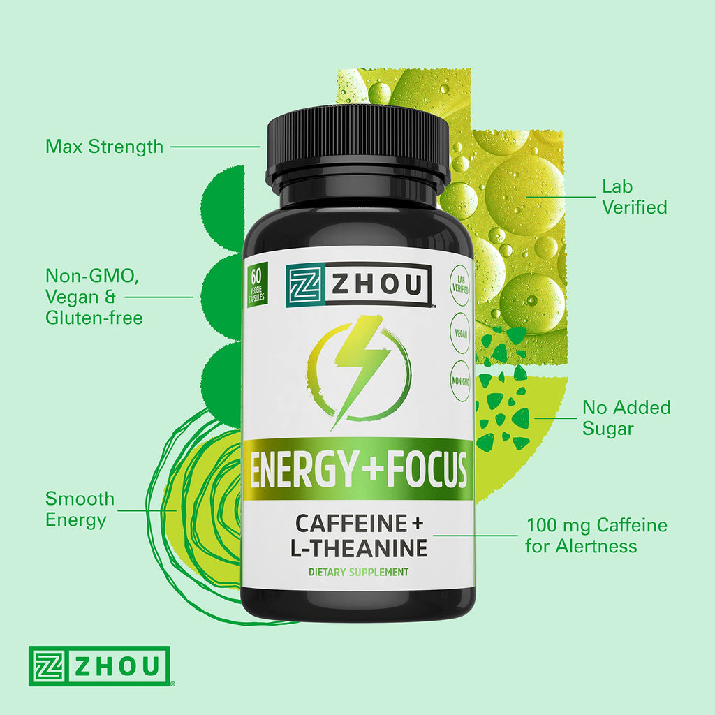 Zhou Energy + Focus - L Theanine Caffeine Pills, 200mg L-Theanine, 100mg Natural Anhydrous Caffeine Boost for Adults, Men & Women, Slow Extended Release - 60 Vegetarian Capsules (Pack of 1) ZHOU Au supplements