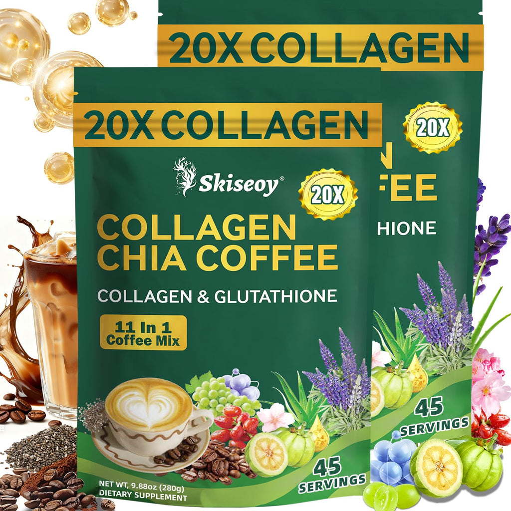 Skiseoy 20x Collagen Chia Coffee - 11-in-1 Coffee Shape Mix with L-Glutathione for Skin, Hair, Joints - Boost Energy and Focus, Vegan Friendly, 45 Servings Skiseoy Au supplements