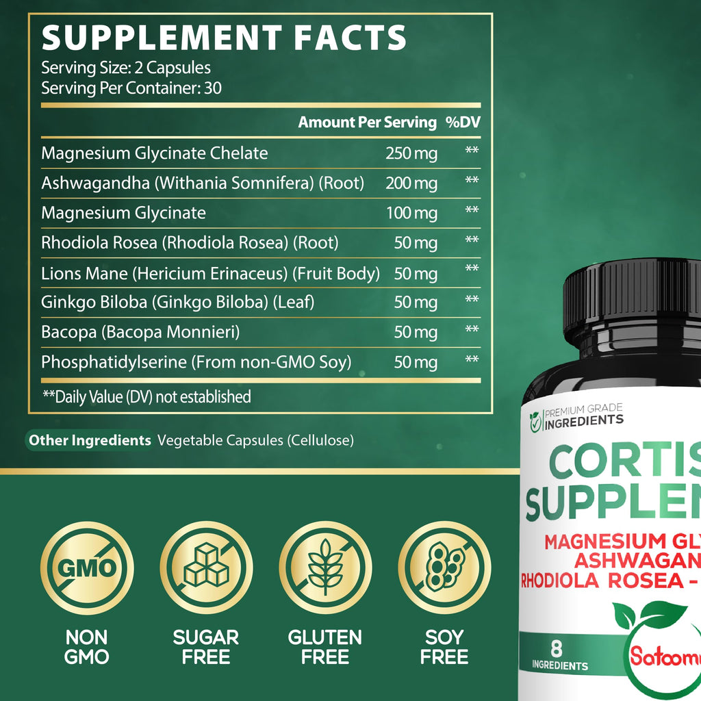Satoomi 8in1 Cortisol Manager with Magnesium Glycinate, Ashwagandha, Rhodiola Rosea, Lions Mane & More - Cortisol Reducer Supplement Men & Women - 60 Capsules Satoomi Au supplements