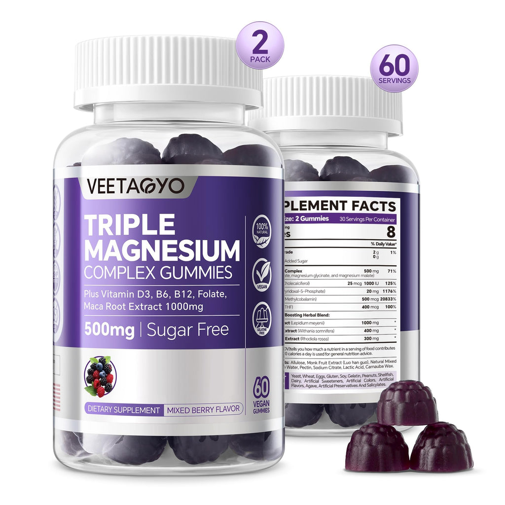 VEETAGYO Magnesium Gummies 500mg 400mg | High Absorption, Bone, Nerves, Muscle | 3 Forms of Magnesium Complex Supplement Glycinate,Taurate,Malate