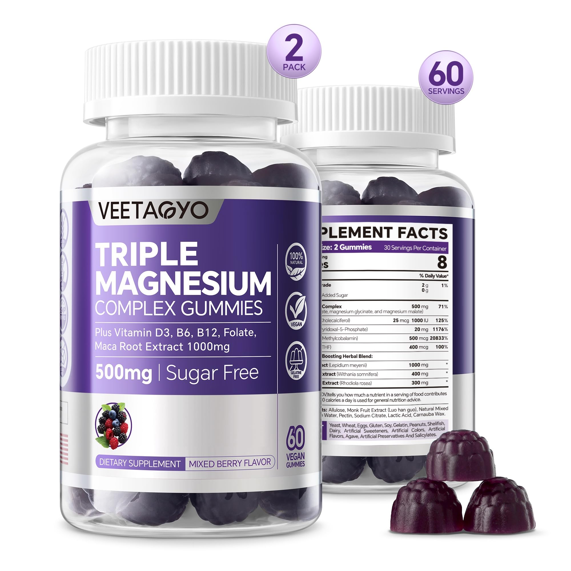 VEETAGYO Magnesium Gummies 500mg 400mg | High Absorption, Bone, Nerves, Muscle | 3 Forms of Magnesium Complex Supplement Glycinate,Taurate,Malate