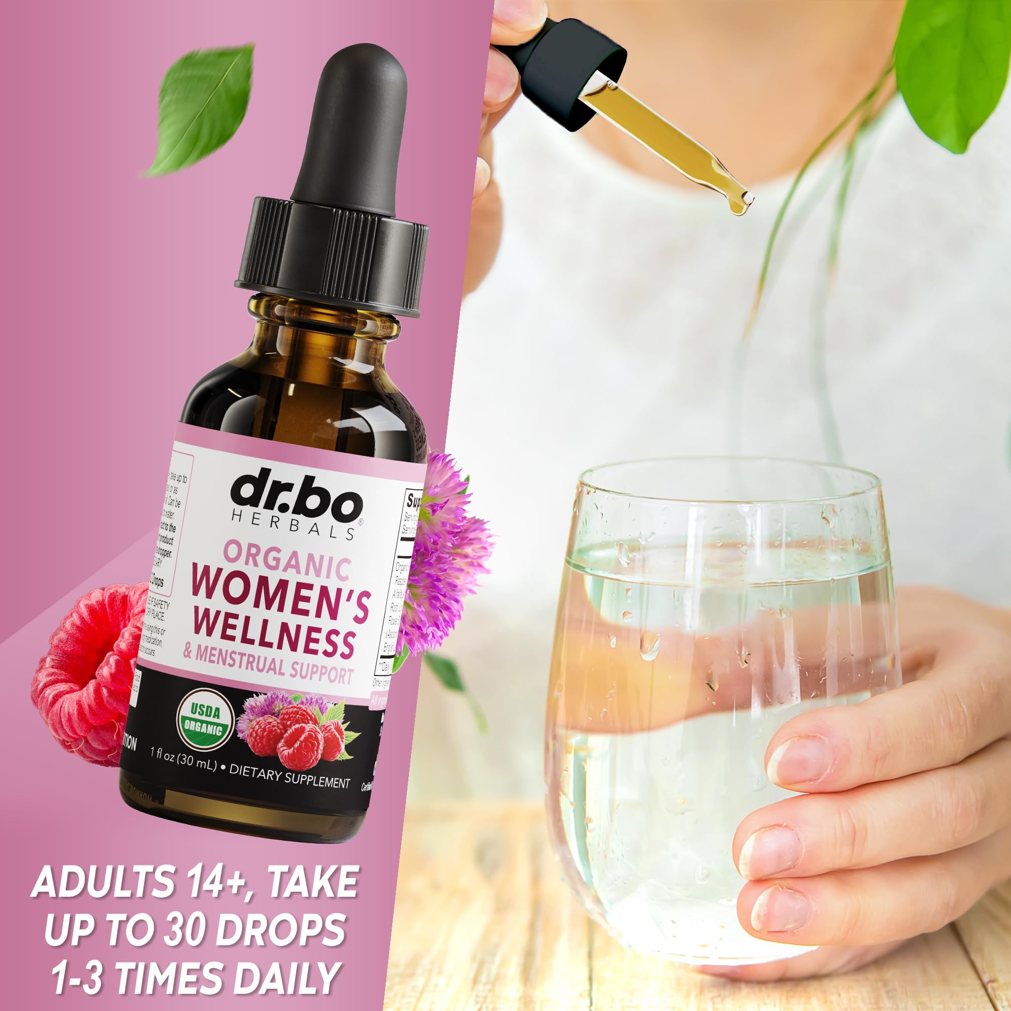 Hormone Balance for Women & PMS Relief - Women's Wellness Organic Hormonal Balance Supplements Liquid Drops & Menstrual Cramp Period Support - Raspberry Leaf, Chasteberry, Black Cohosh Supplement 1 Oz DR. BO Au supplements