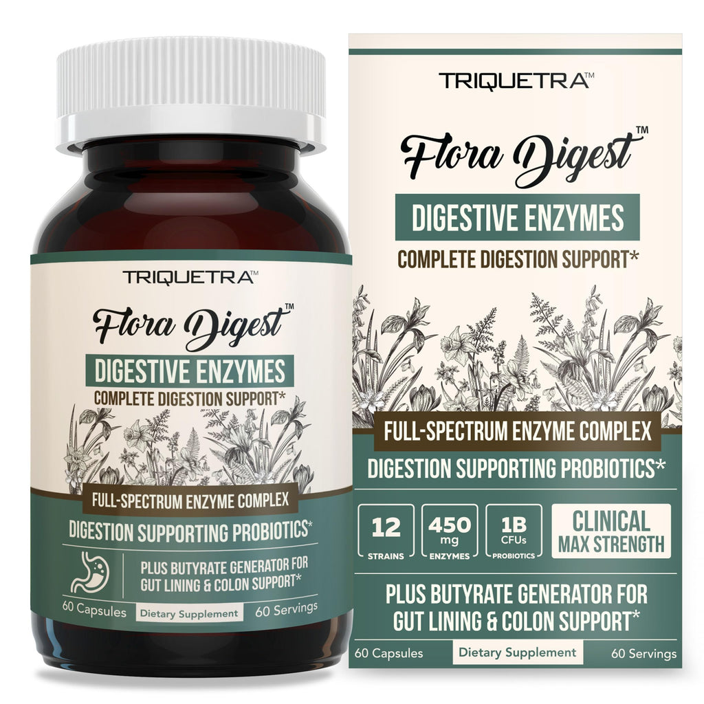 Flora Digest - 3-in-1 Max Strength Digestive Enzymes + Gut Surviving Probiotics & ButyraGen® Postbiotic for Optimal Digestion, Bloating Relief, Regularity, Gut Lining & Colon Support - (60 Capsules) Triquetra Health Au supplements