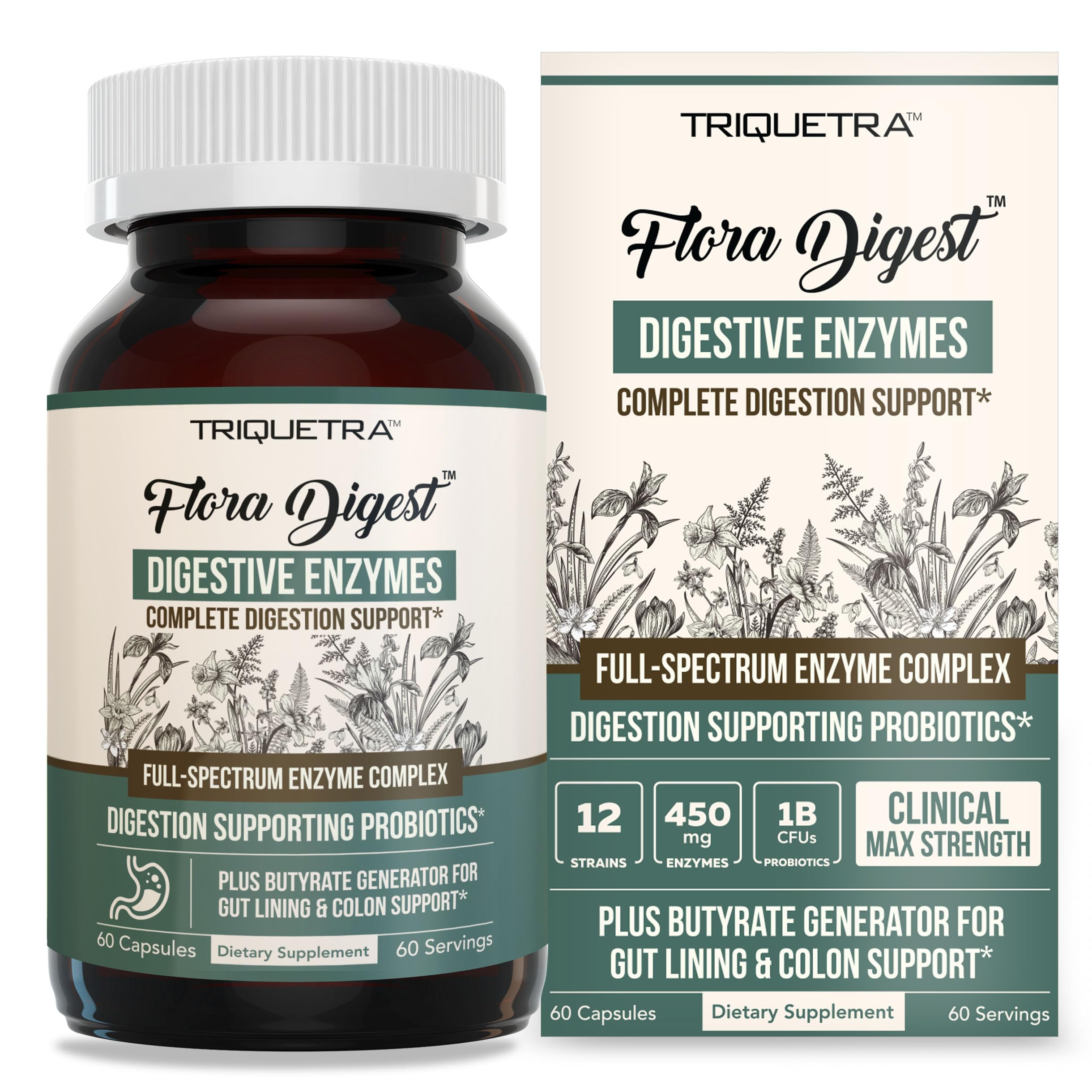 Flora Digest - 3-in-1 Max Strength Digestive Enzymes + Gut Surviving Probiotics & ButyraGen® Postbiotic for Optimal Digestion, Bloating Relief, Regularity, Gut Lining & Colon Support - (60 Capsules) Triquetra Health Au supplements