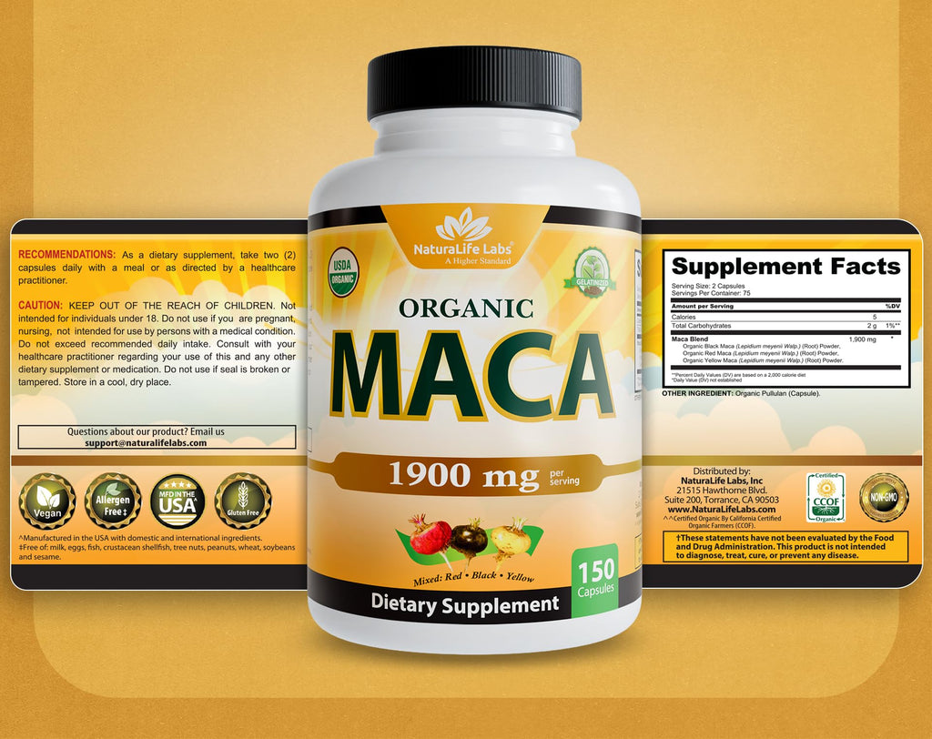 NaturaLife Labs Organic Maca Root – Black, Red & Yellow – 1900 mg per Serving – 150 Capsules – Gelatinized Peruvian Maca