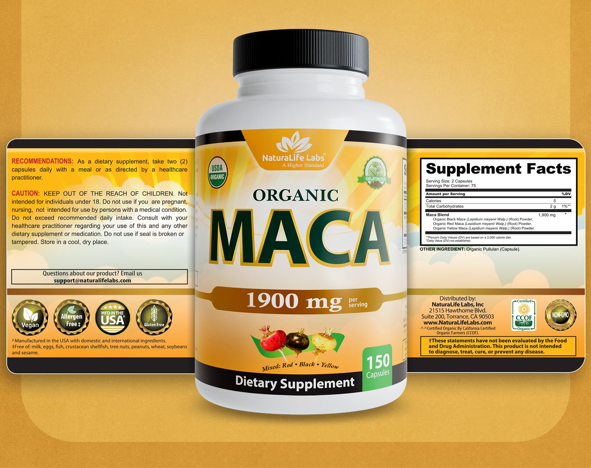 NaturaLife Labs Organic Maca Root – Black, Red & Yellow – 1900 mg per Serving – 150 Capsules – Gelatinized Peruvian Maca