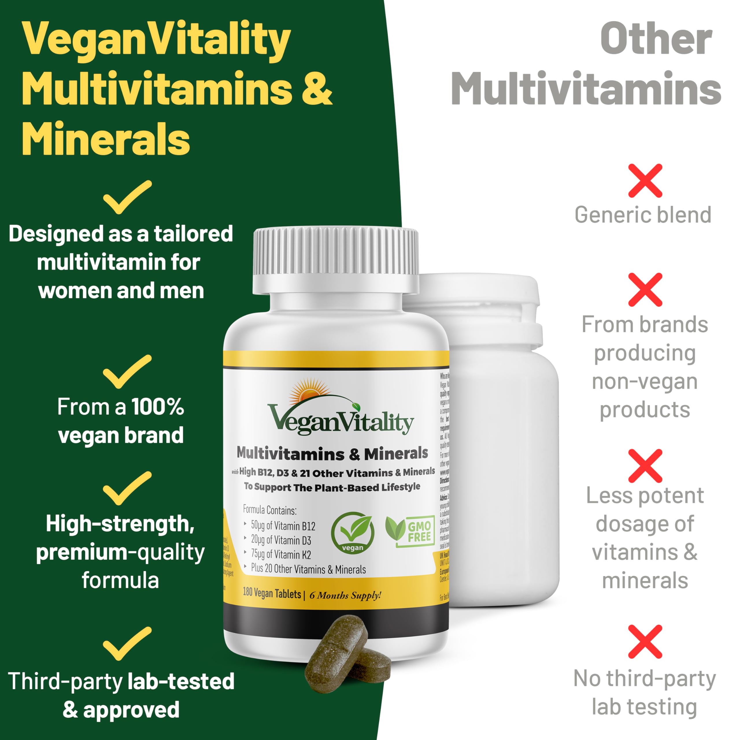 Vegan Vitality Multivitamins & Minerals for Women and Men with High Strength Vitamin B12, D3 & K2. 180 Vegan Multivitamin Tablets - 6 Months Supply