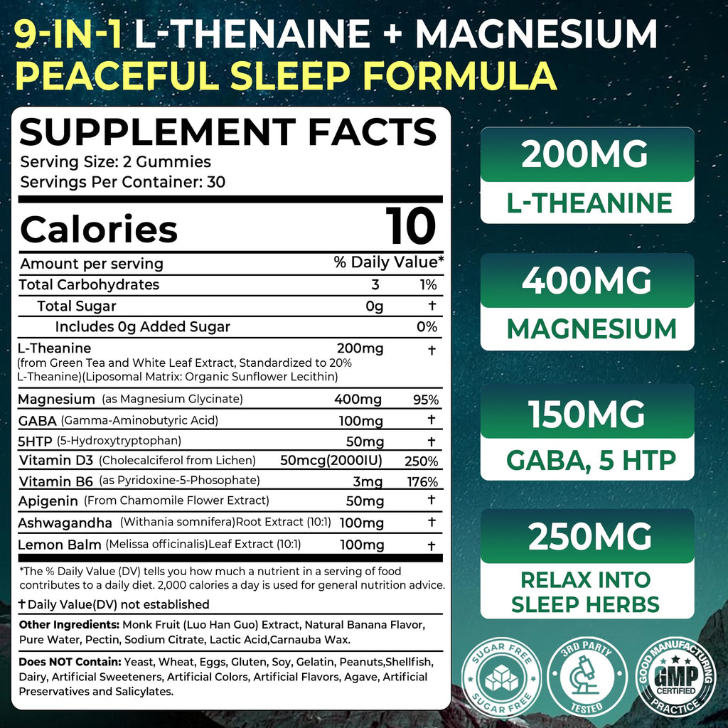 Liposomal L-Theanine 200mg Magnesium Glycinate 400mg Gummies with GABA, 5HTP, Apigenin, Vitamin B6 & D3, Ashwagandha, Lemon Balm Leaf, Melatonin Free Sleep