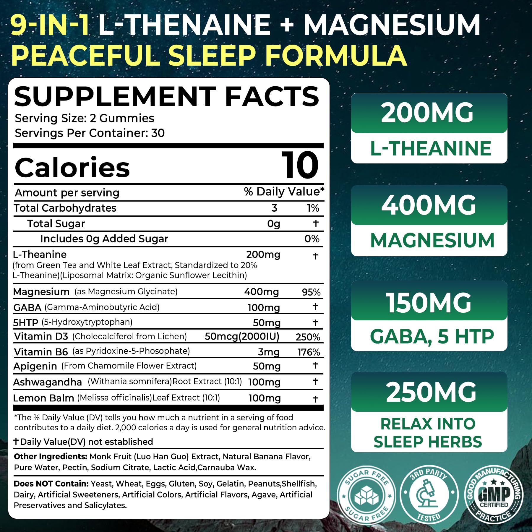 Liposomal L-Theanine 200mg Magnesium Glycinate 400mg Gummies with GABA, 5HTP, Apigenin, Vitamin B6 & D3, Ashwagandha, Lemon Balm Leaf, Melatonin Free Sleep