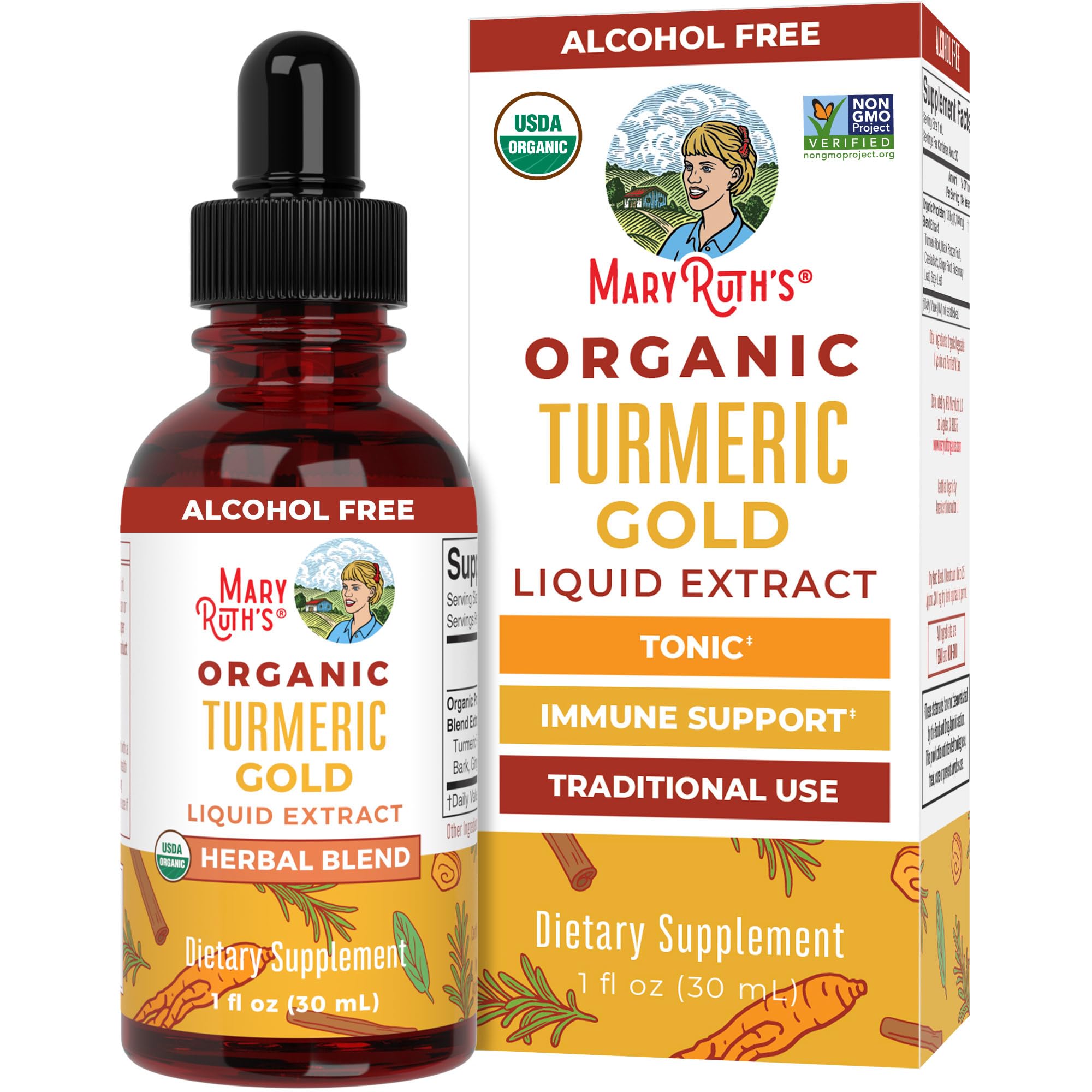 MARYRUTH'S Organics USDA Turmeric Gold Liquid Drops | Herbal Blend | Turmeric Curcumin | Black Pepper | Cassia Cinnamon Bark | Ginger Root | Immune Support