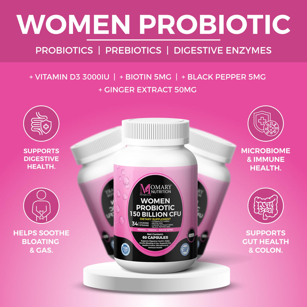 9-in-1 Bio Cultures Complex for Women – 150 Billion CFU Probiotics with 34 Diverse Strains, Organic Prebiotics, Postbiotics, Digestive Enzymes & Biotin – Supports Digestive Balance & Gut Microbiome MOMARY NUTRITION Au supplements