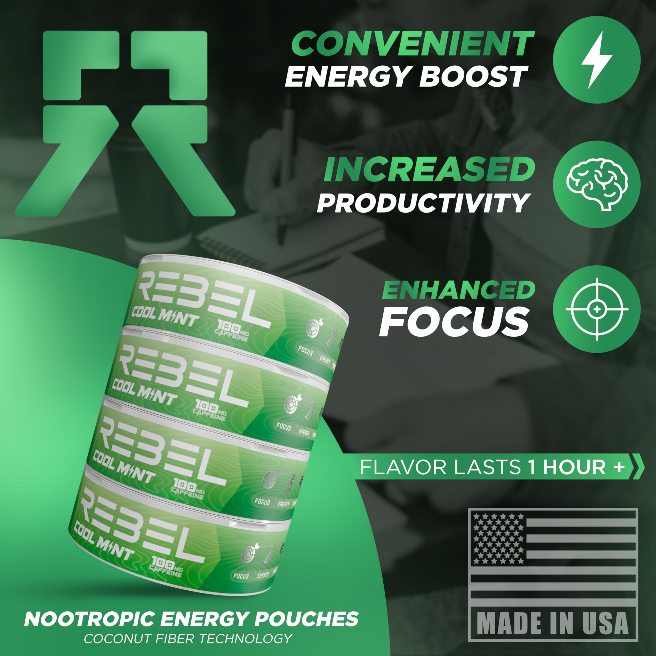 Rebel Nootropic Energy Caffeine Pouches (Cool Mint) • 100mg Caffeine • Alpha GPC • Huperzine A & Essential Vitamins • Sugar-Free • Coconut Fiber Technology • 15 Pouches Per Can (Pack of 4) Rebel Supplements Au supplements