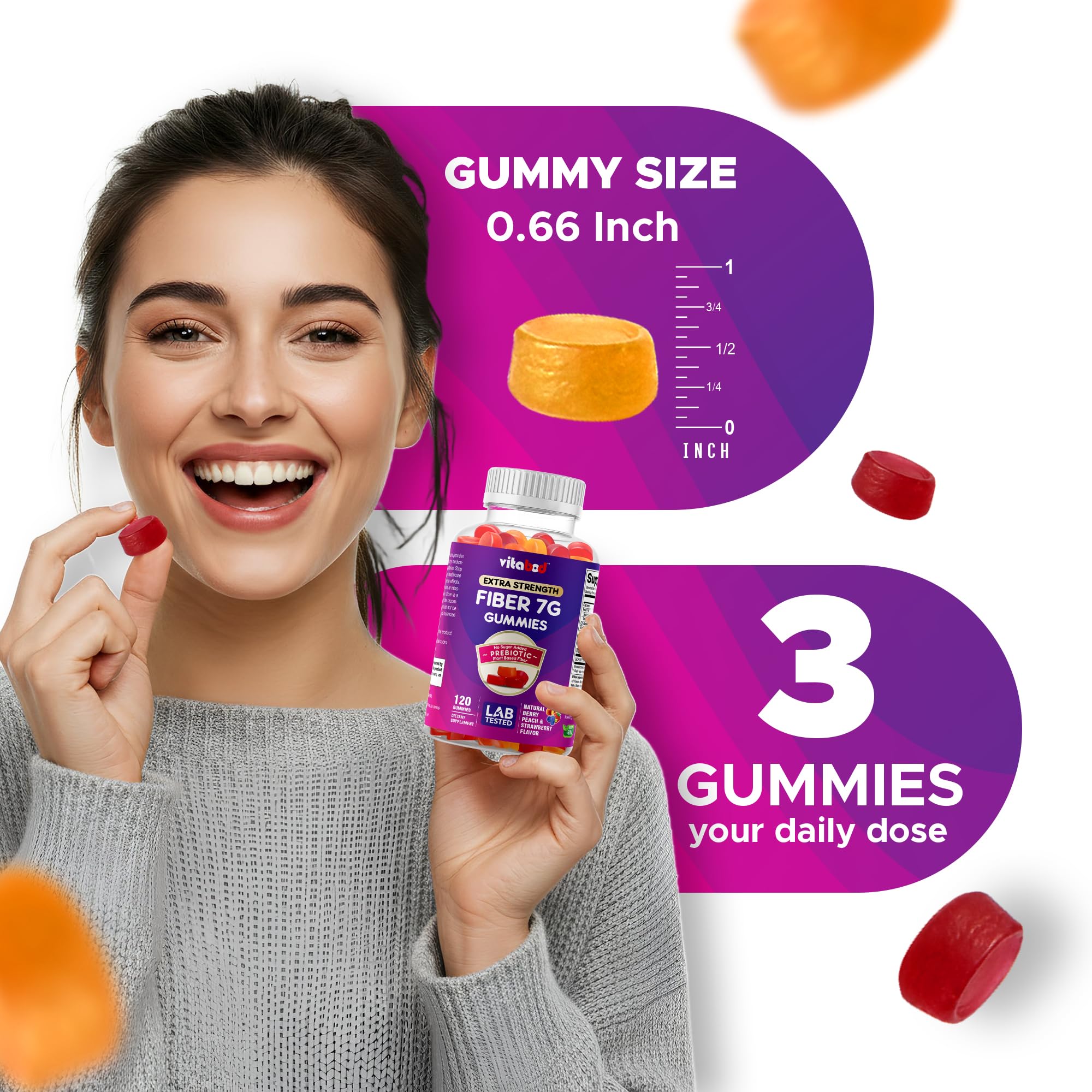 Vitabod Fiber Gummies 7G Per Serving for Digestive Health & Regularity, Prebiotic GOFOS™ Plant-Based Fiber, No Sugar Added, Vegan, Berry Peach Strawberry, 120 Gummies (Adults, Women & Men)