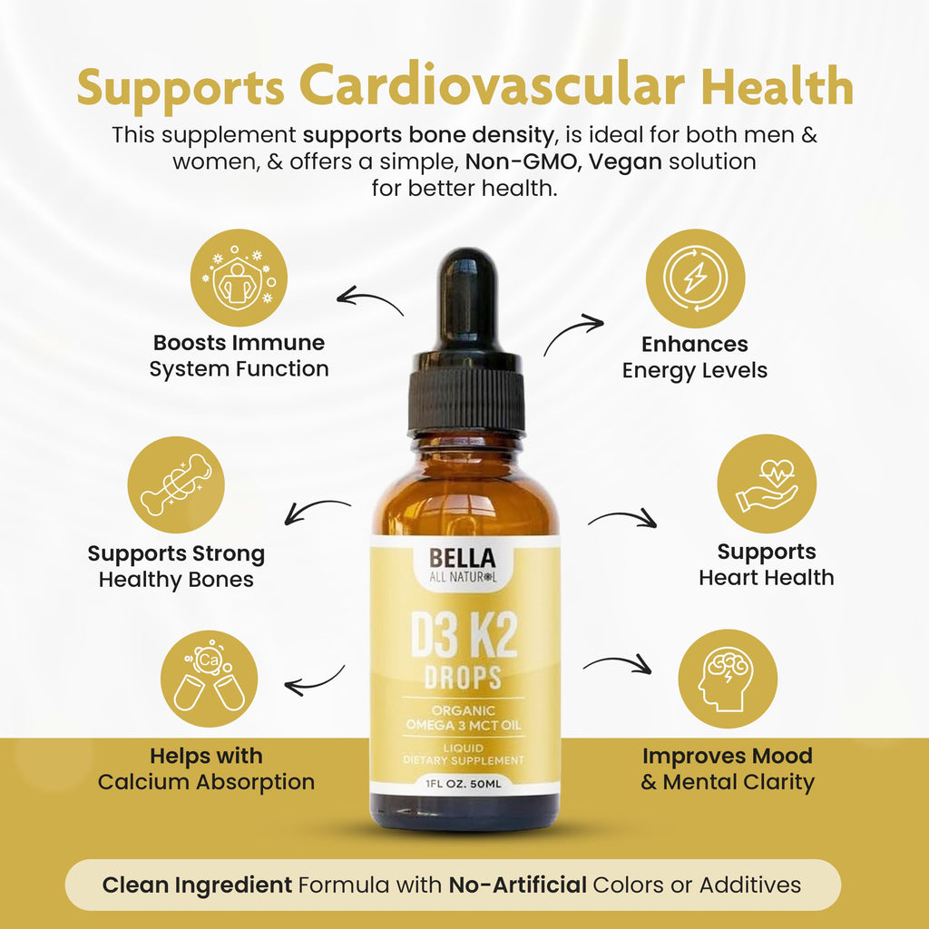 Bella All Natural Vitamin D3 K2 Liquid Drops 5000 IU (Unflavored) - Omega 3 with MCT Oil -