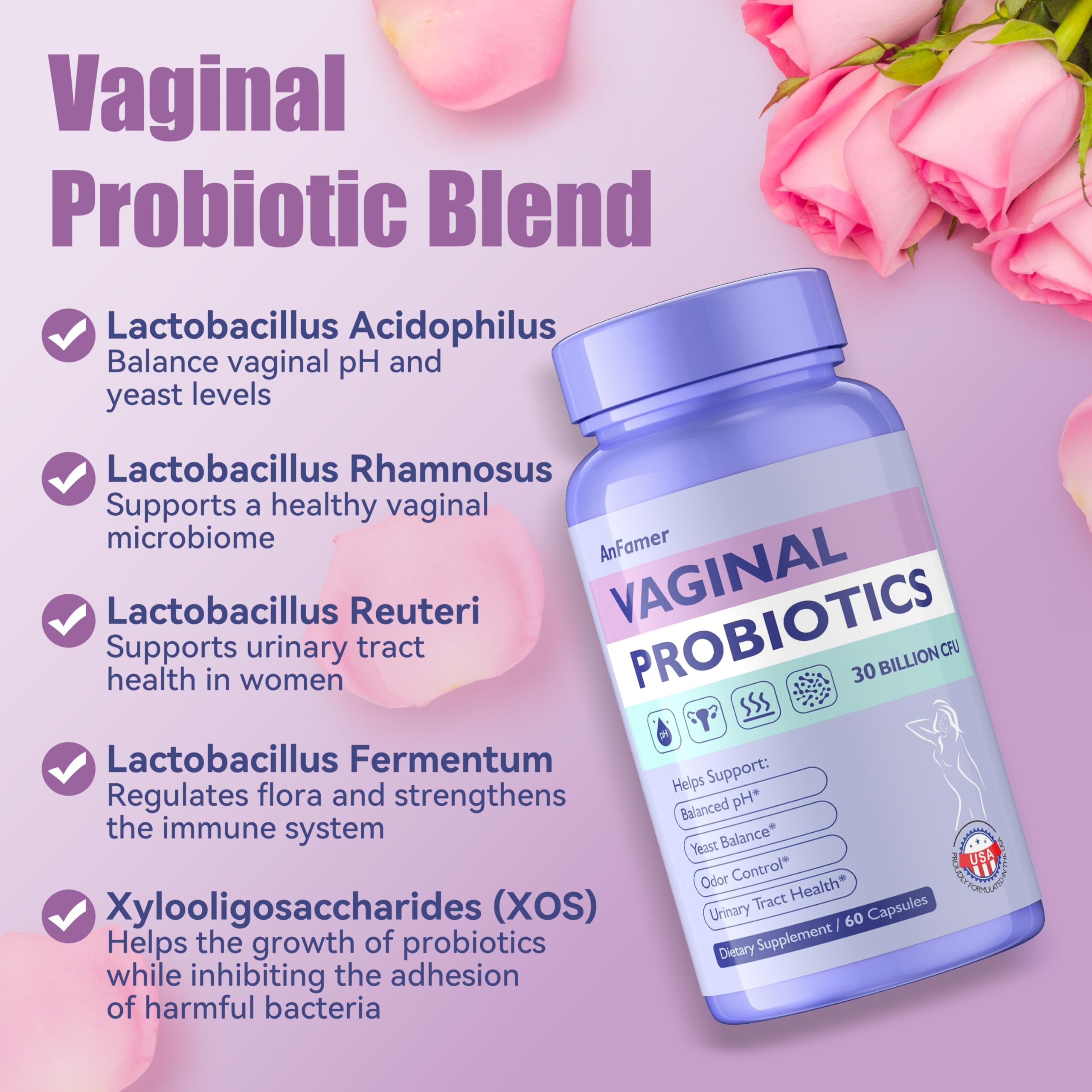 AnFamer Vaginal Probiotics for Women Female,Promotes Ph Balance,Healthy Vaginal Odor & Flora,Urinary Tract Health with Prebiotics & Lactobacillus Probiotic