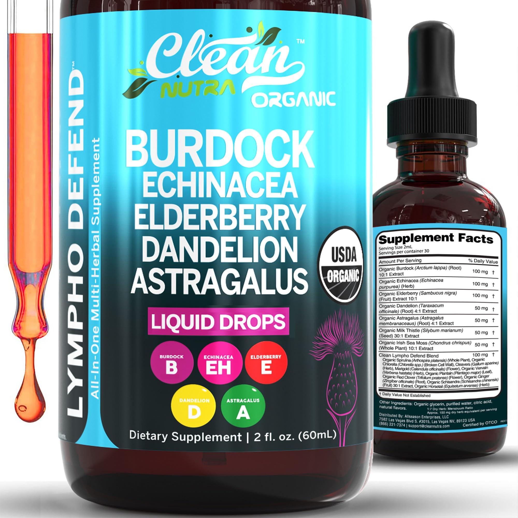 Organic Lymphatic Drainage Supplement | Lymphatic Support Drops | Burdock Root Echinacea Elderberry Dandelion Astragalus Milk Thistle Sea Moss Red Clover