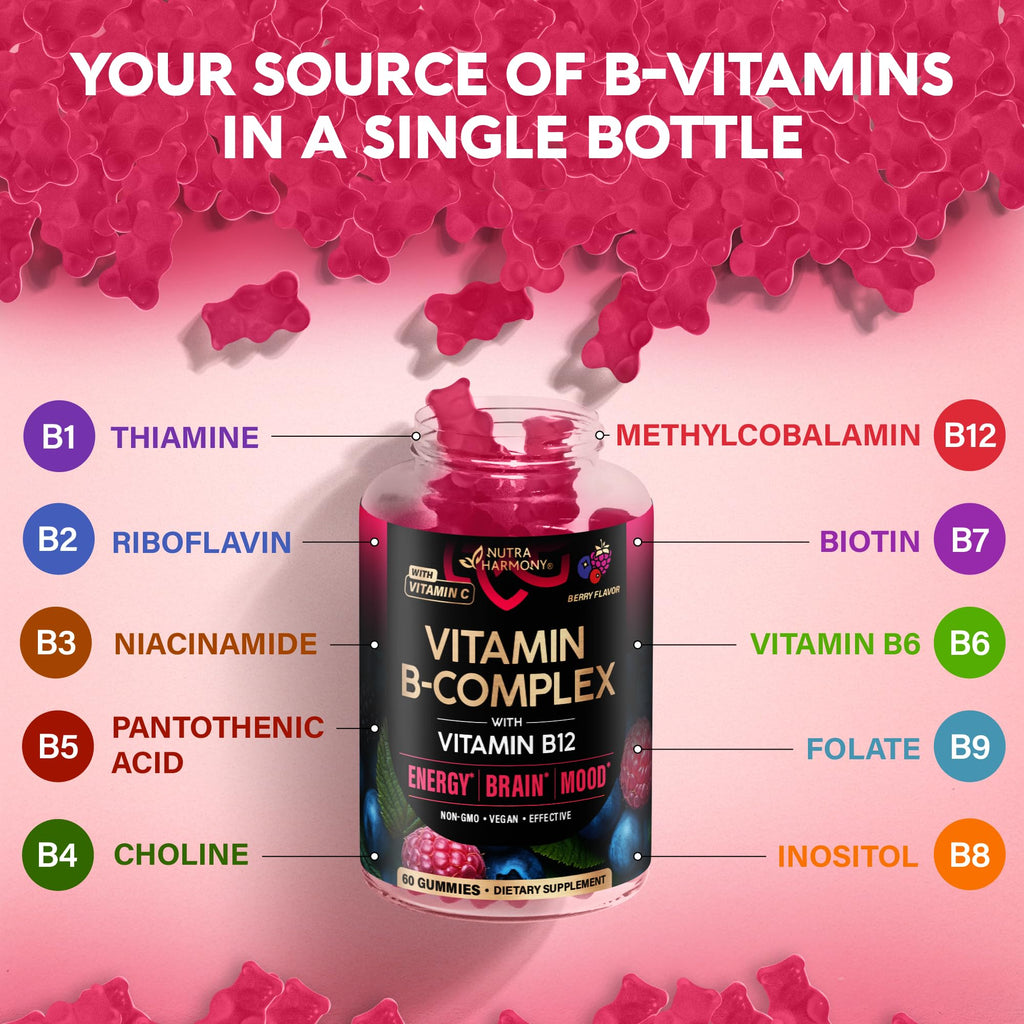 Vitamin B-Complex Gummies for Women & Men - Vitamin B12, B1, B2, B3, B5, B6, B7 & B9 - B Complex with Vitamin C & Choline - Energy, Brain & Mood