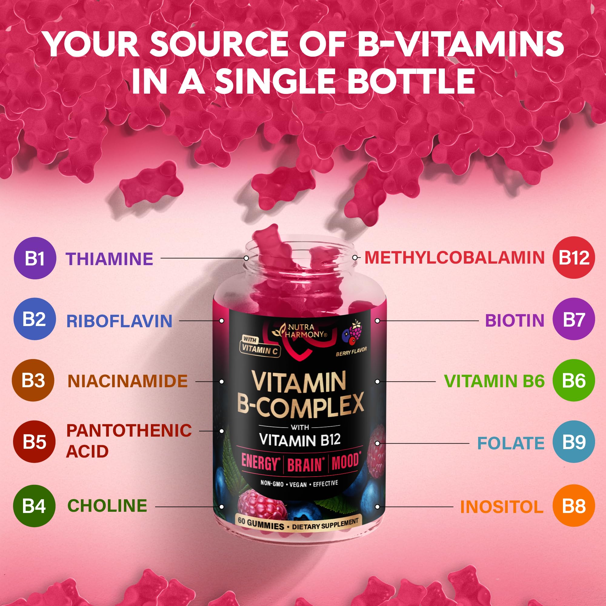 Vitamin B-Complex Gummies for Women & Men - Vitamin B12, B1, B2, B3, B5, B6, B7 & B9 - B Complex with Vitamin C & Choline - Energy, Brain & Mood