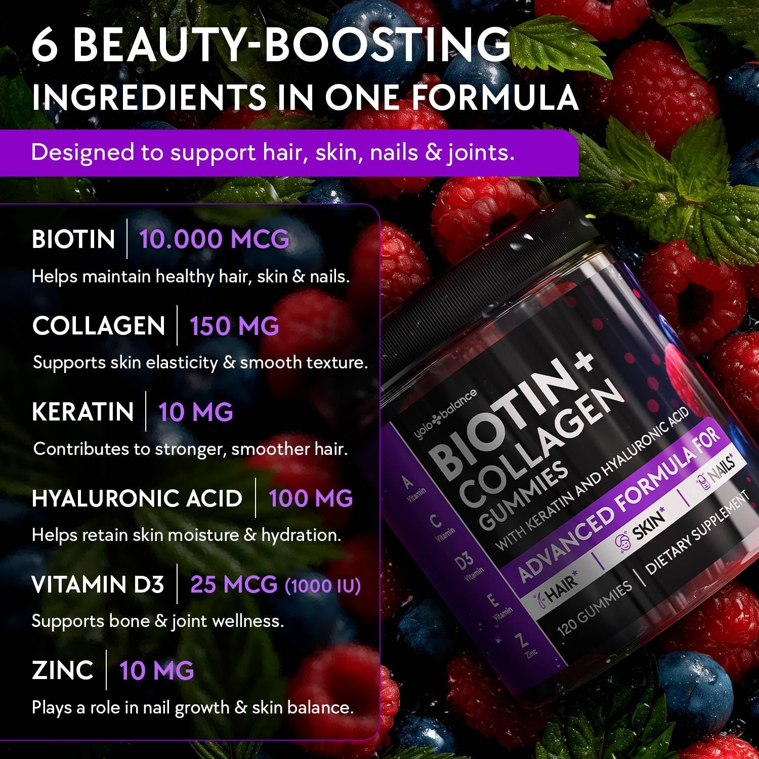 YOLOBALANCE Biotin Gummies 10000mcg for Hair Growth Support - Sugar Free Multi Collagen with Keratin, Silica & Hyaluronic Acid - Pectin Based,