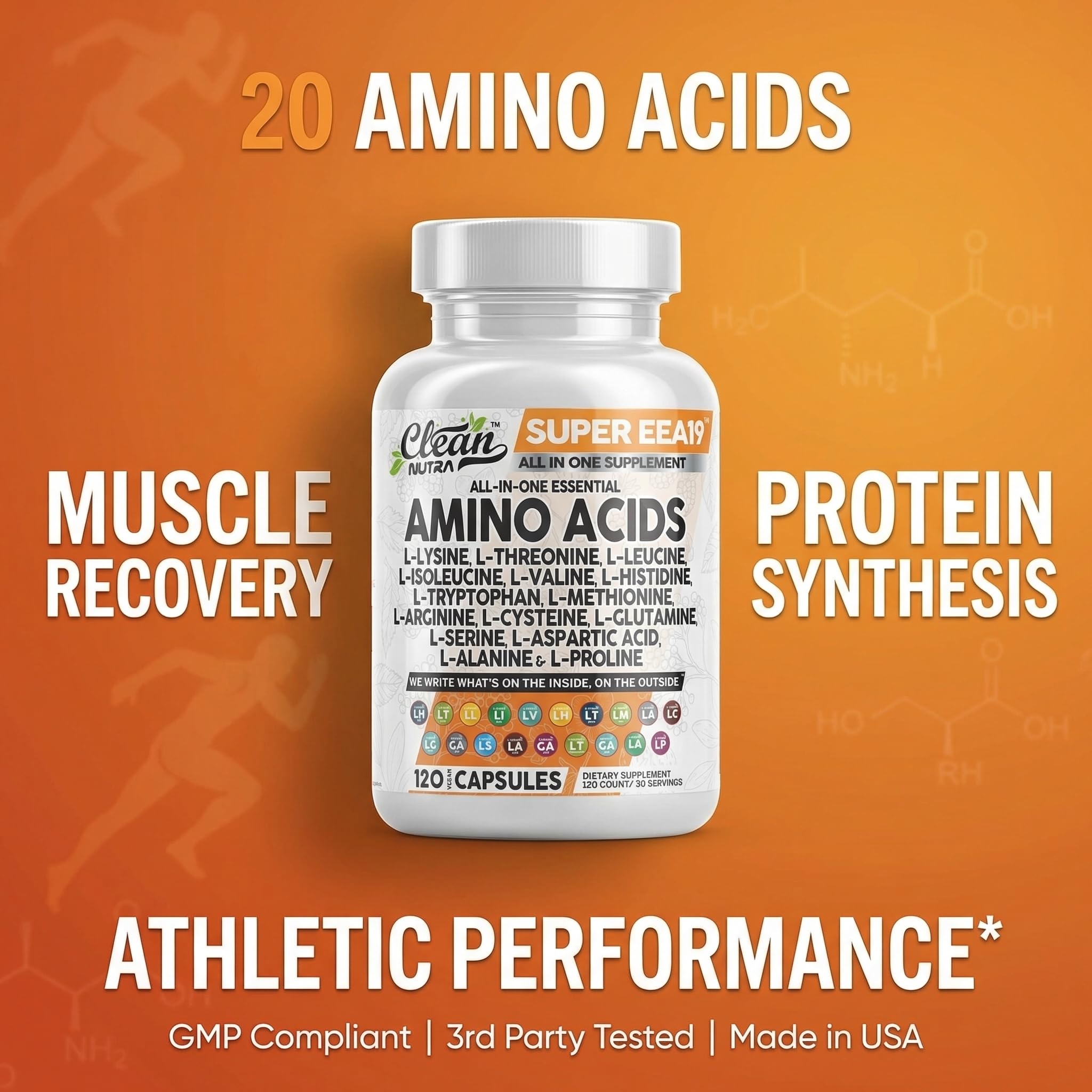 Clean Nutraceuticals Amino Acids Supplement L-Lysine, L-Threonine, L-Leucine, Isoleucine, Valine, L-Histidine, L-Tryptophan, L-Methionine, L-Arginine, L-Cysteine,