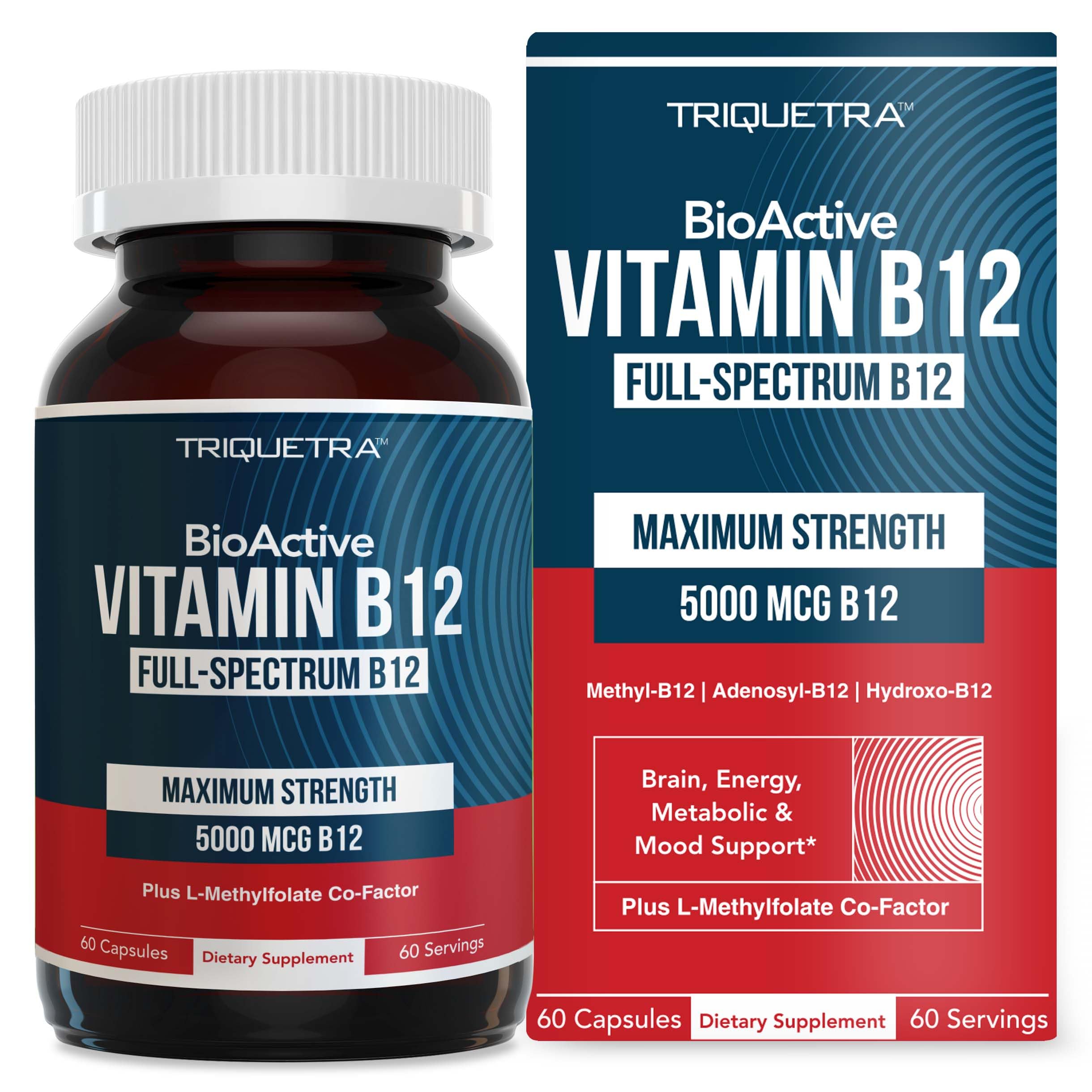 BioActive Vitamin B12 - 5000 mcg, Contains 3 BioActive Forms B12 Plus Methylfolate Cofactor - Methyl B12, Adenosyl B12 & Hydroxy B12 | Supports Energy
